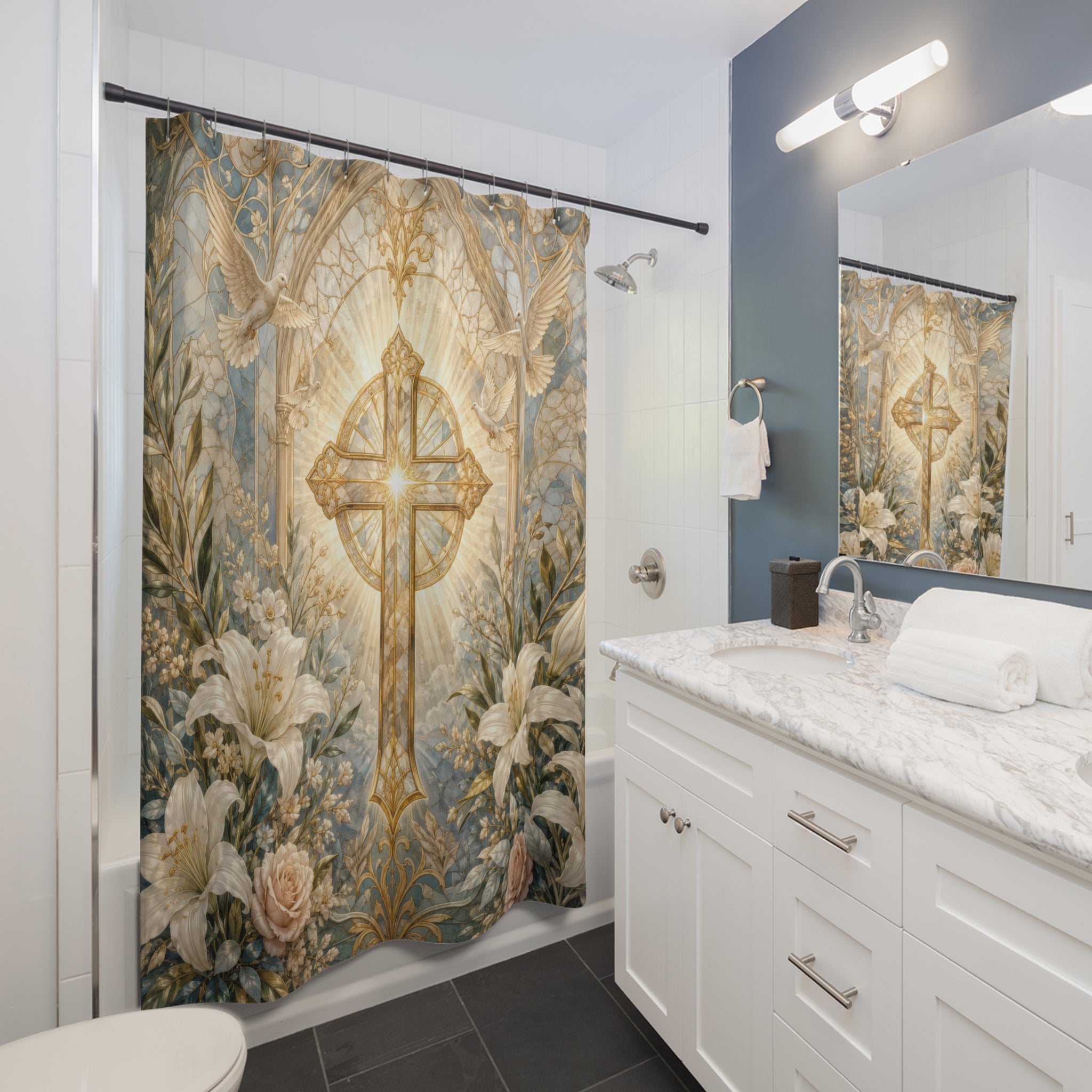 Christian Shower Curtain: White Gold Cross