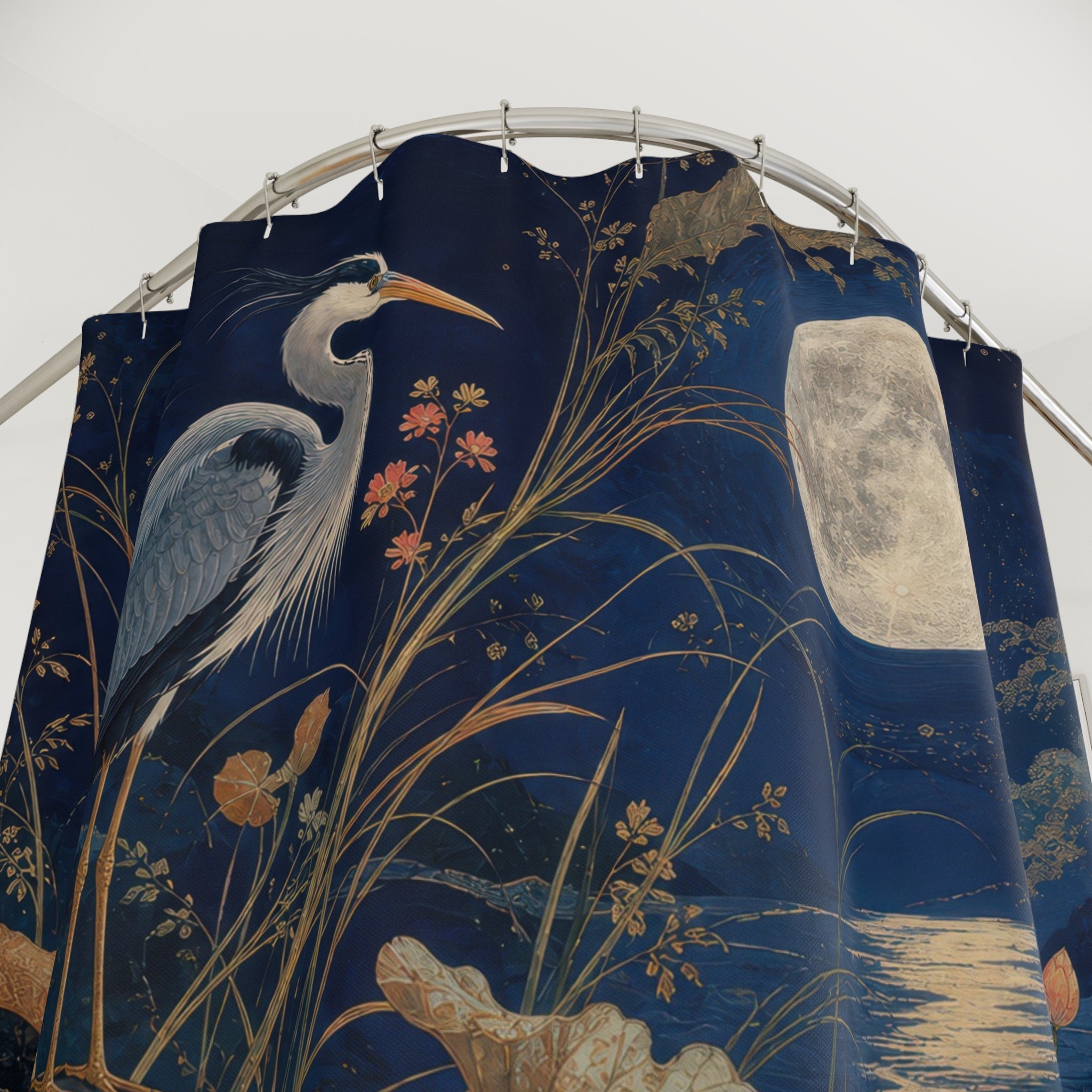 Moonlit Heron Garden Decorative Shower Curtain