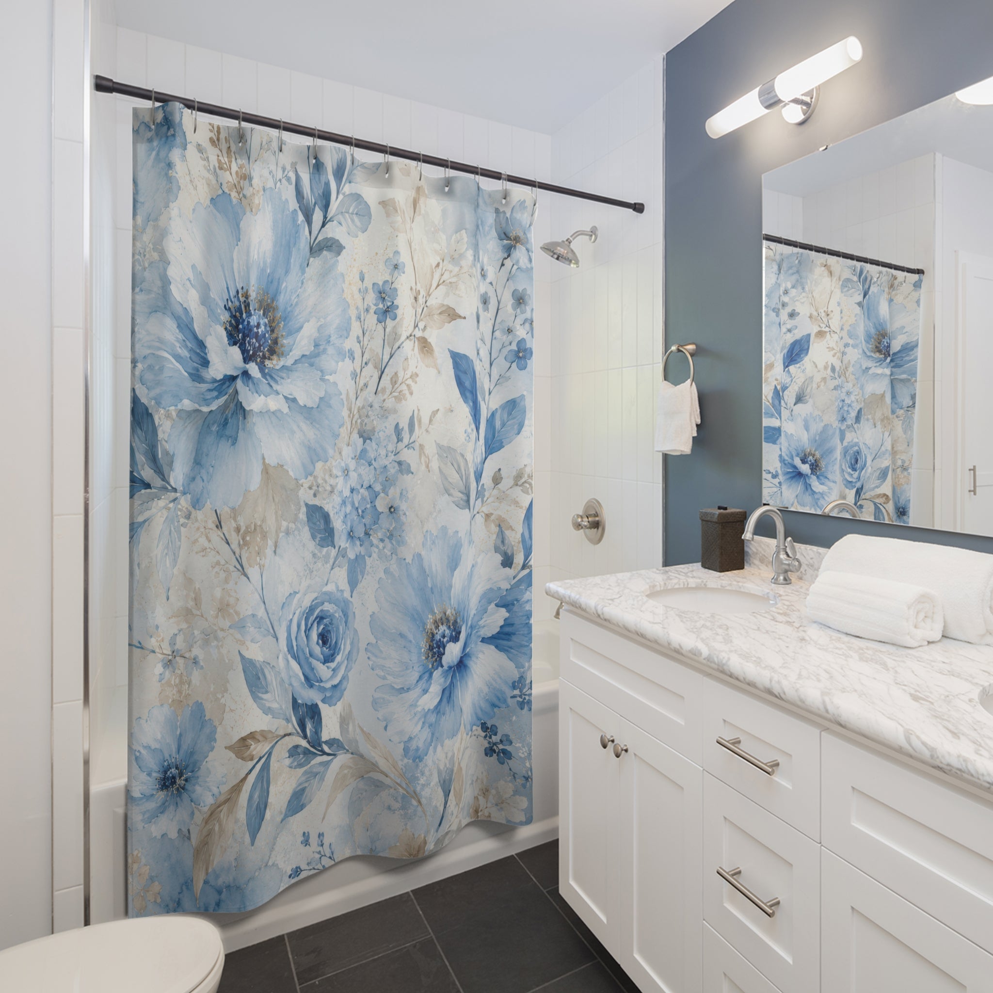 Sky Blue Floral Shower Curtain: Blue Flower Botanical