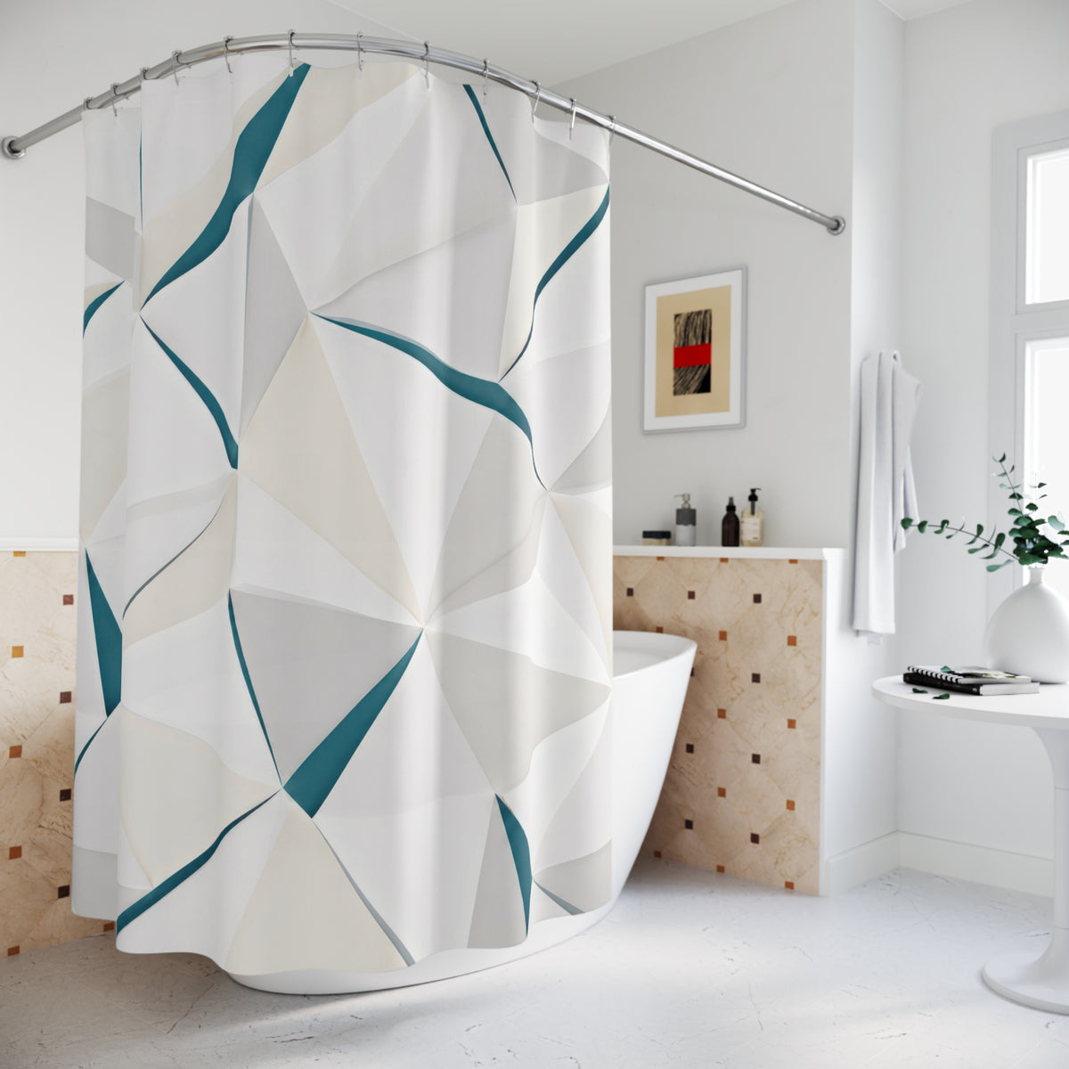 Teal Prism White Geometric Shower Curtain
