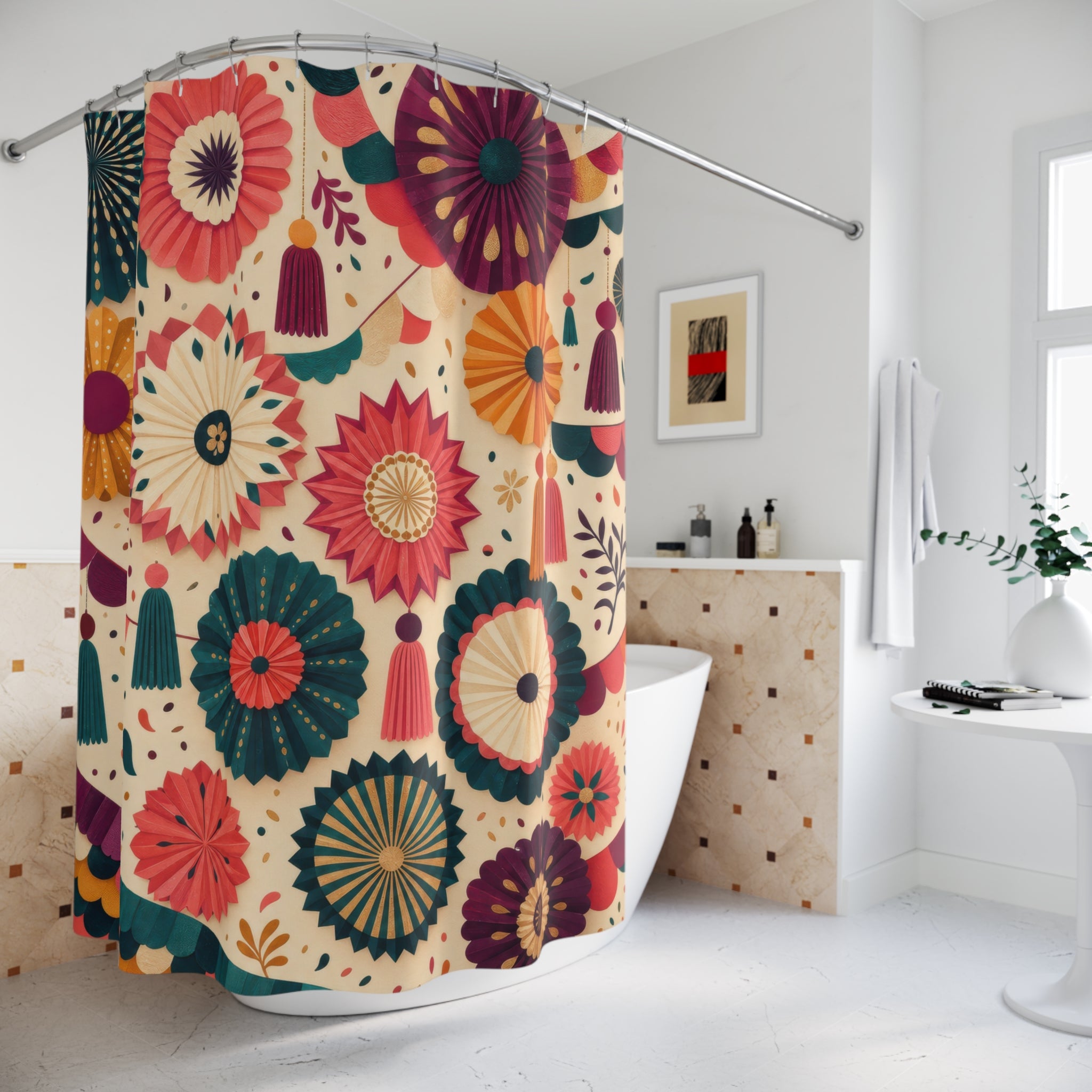 Colorful Paper Rosette Maximalist Shower Curtain