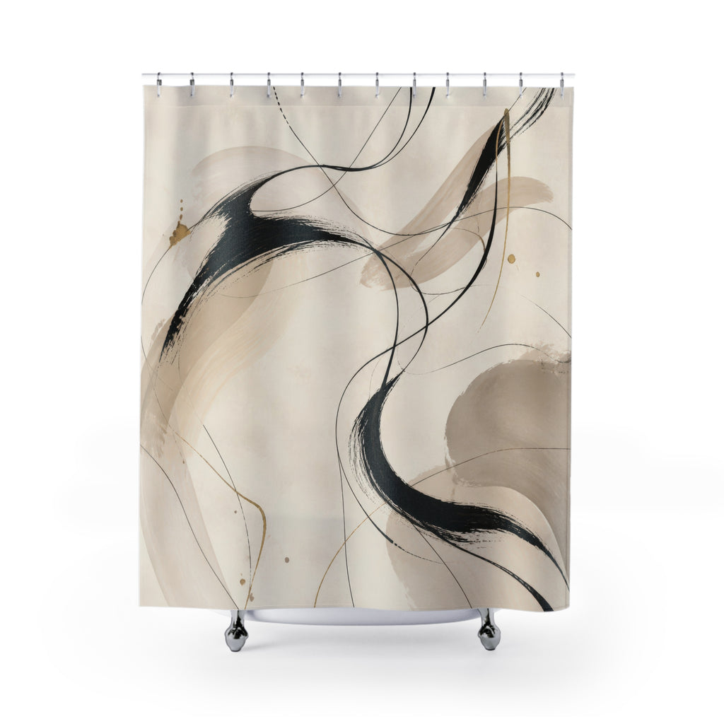 Black Beige Line Art Shower Curtain