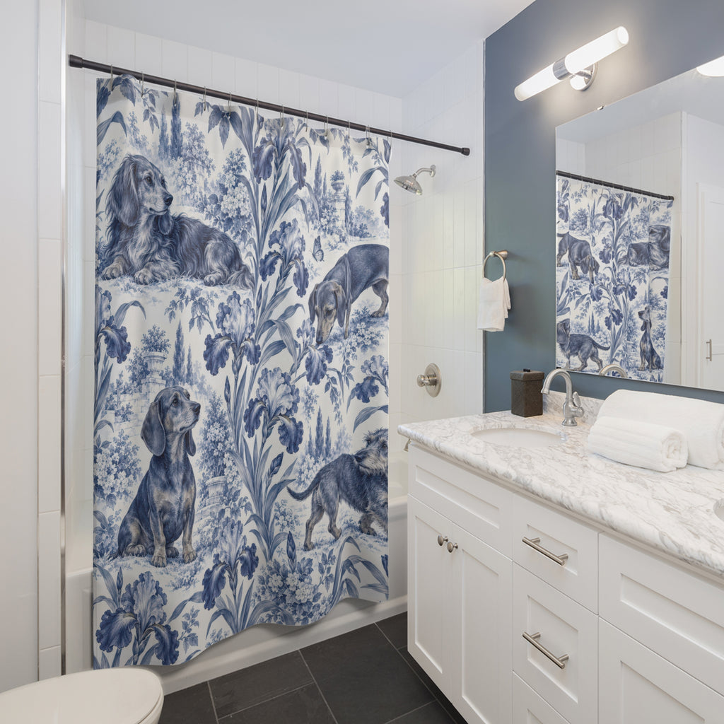 Indigo iris garden toile dachshund shower curtain beside a white vanity