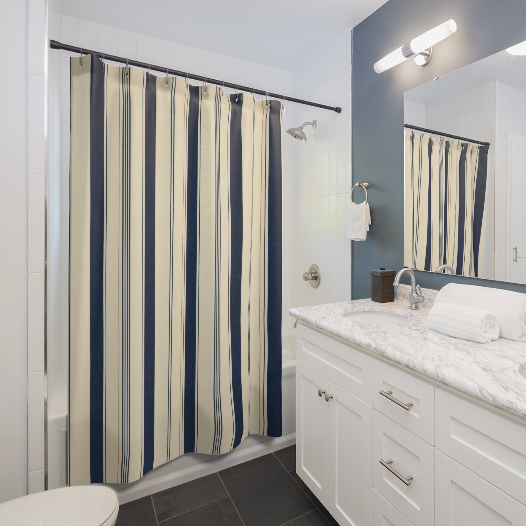 Navy Slate Blue Cream Stripe Shower Curtain