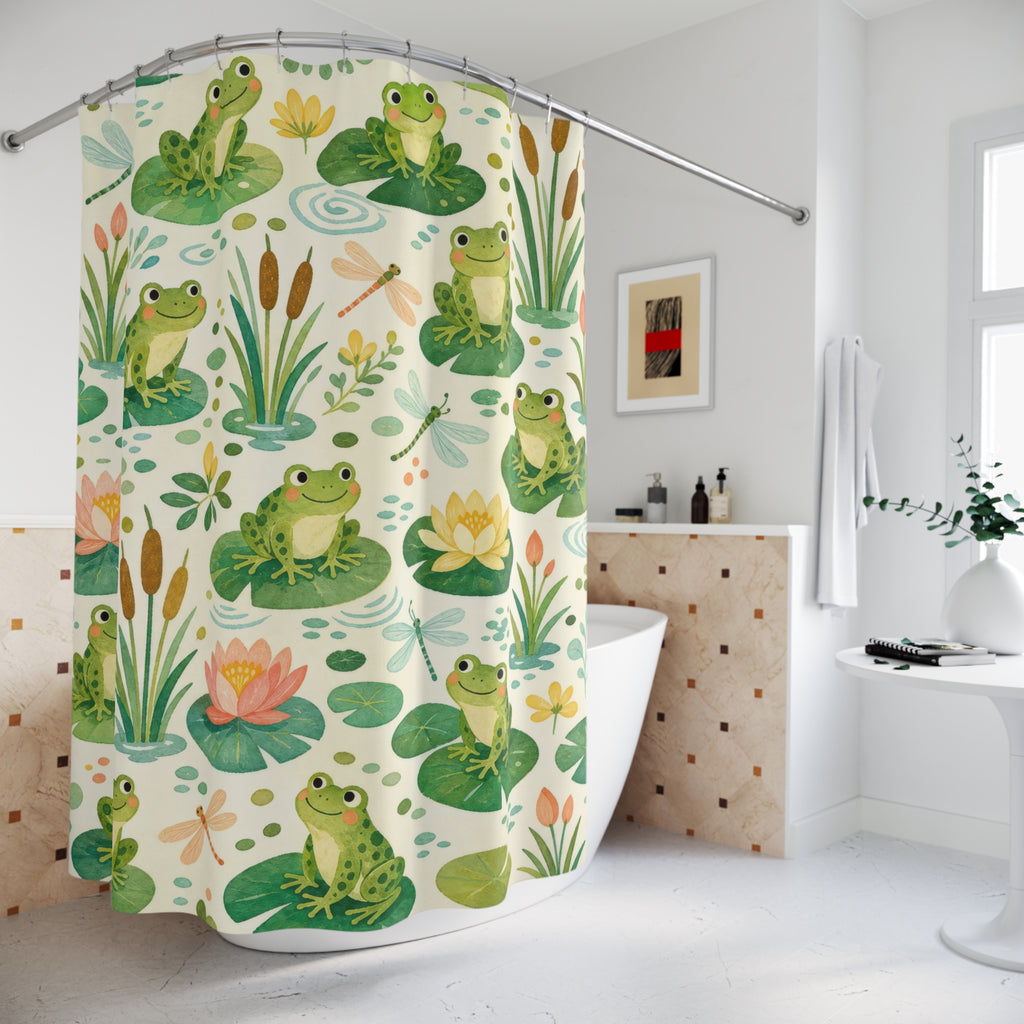 Kids Frog Shower Curtain, Lily Pad Pond Animal Pattern, Green Bathroom Decor, Cute Nature Pond Wall Decor Guest Bath Gift For Home
