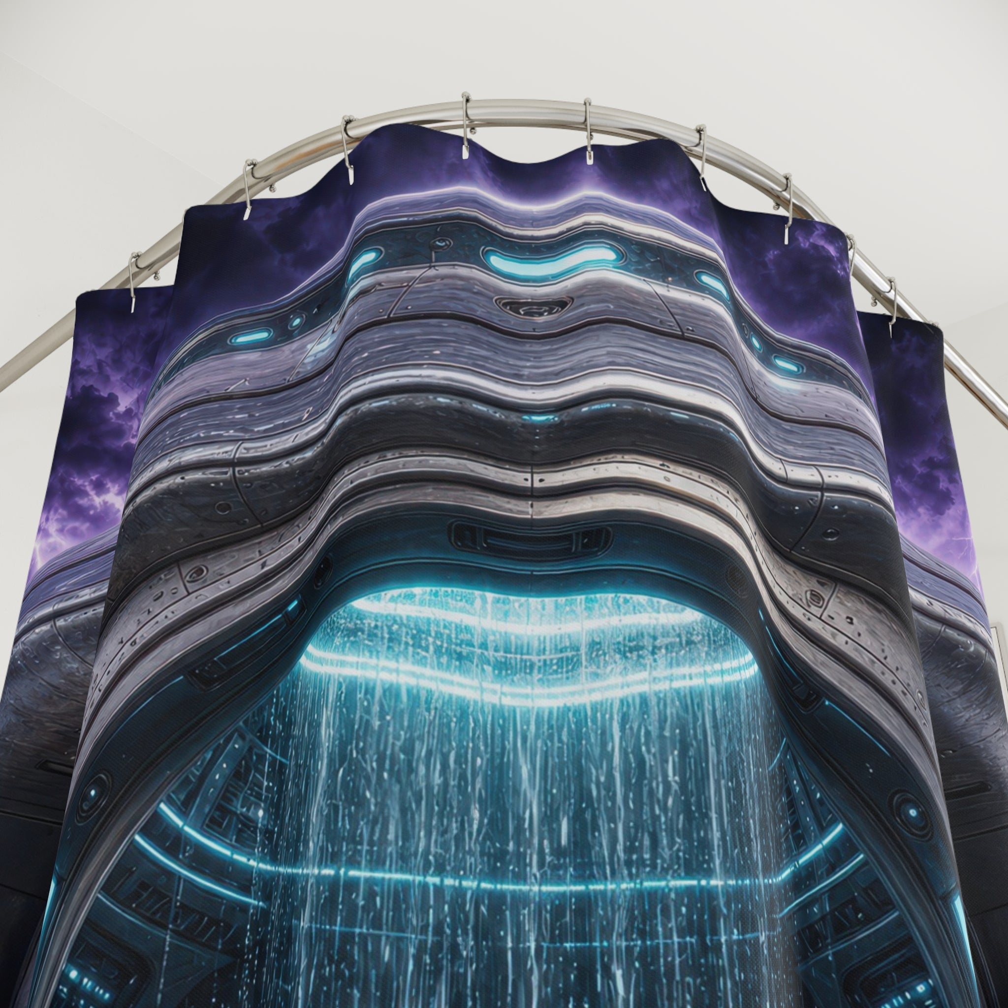 Unique Portal Shower Curtain, Futuristic Sci Fi Water Chamber Art, Purple Blue Lightning Decor, Weird Bathroom Accent, Gamer Guest Bath