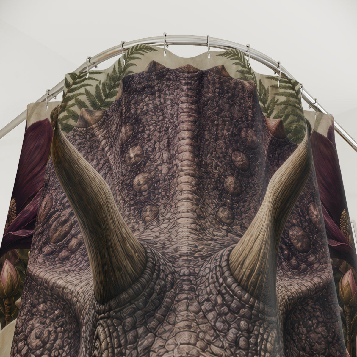 Close-up of Triceratops portrait framed by plum flowers shower curtain with hooks and folds