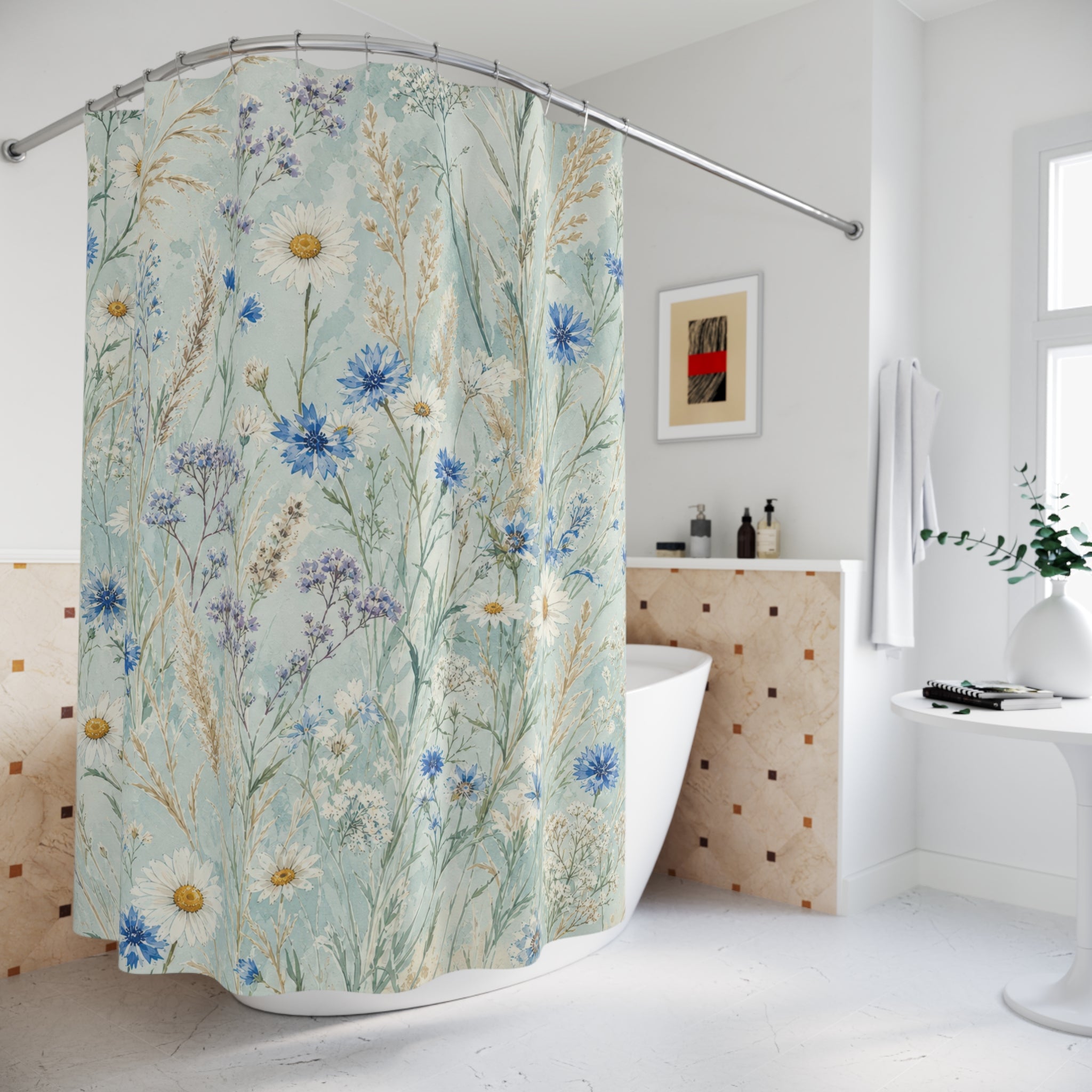 Blue Wildflower Meadow Floral Cottage Flower Botanical Shower Curtain