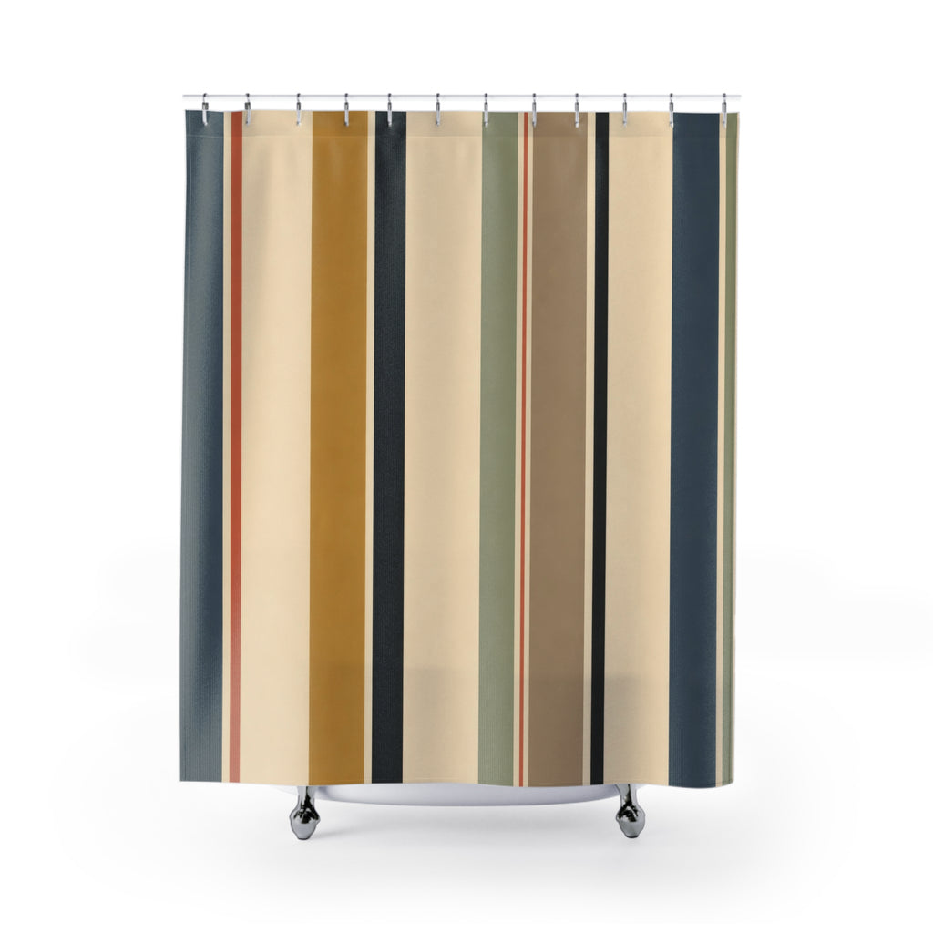 Blue Mustard Olive Vertical Stripe Shower Curtain