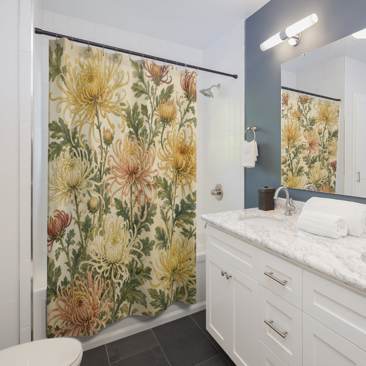 Yellow Cream Floral Botanical chrysanthemum shower curtain beside a white vanity