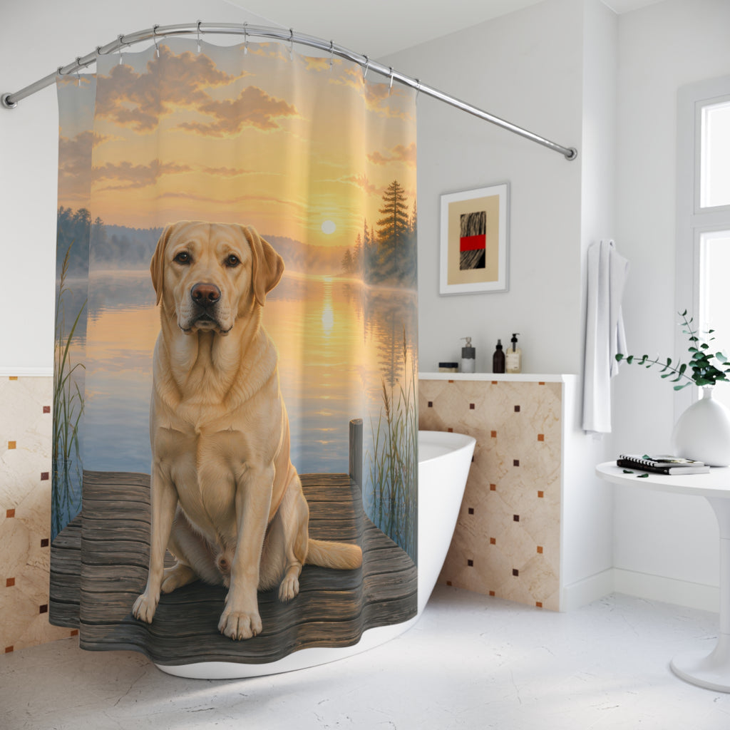 Yellow Labrador seated on a lake dock at sunrise shower curtain beside a freestanding tub