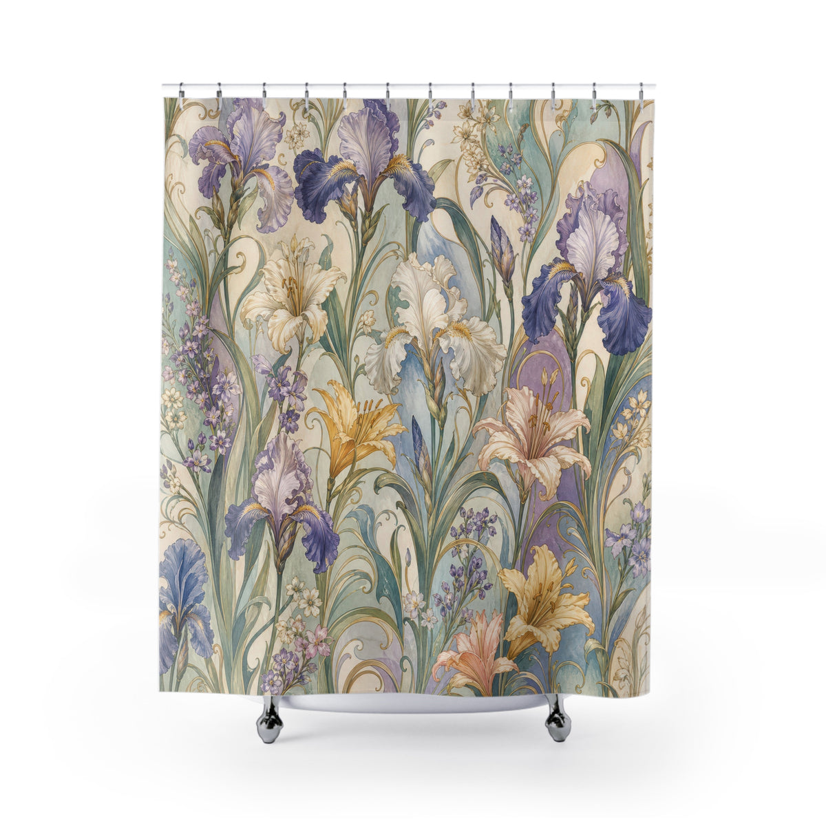 Blue Iris Floral botanical lavender shower curtain with full front view