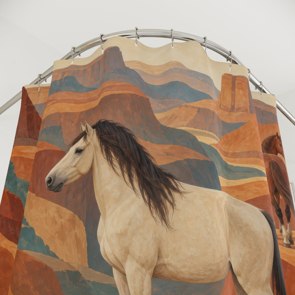 Cream and chestnut horses among terracotta canyon ledges shower curtain with close-up print, hooks, and folds