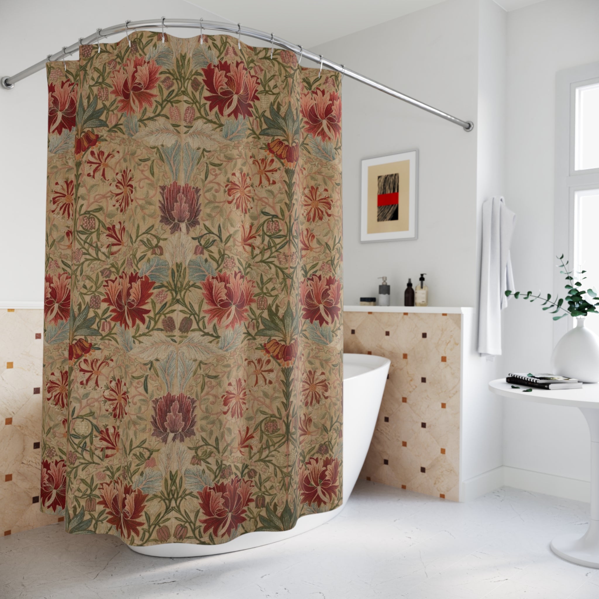 Honeysuckle Embroidery Shower Curtain – Red on Cream