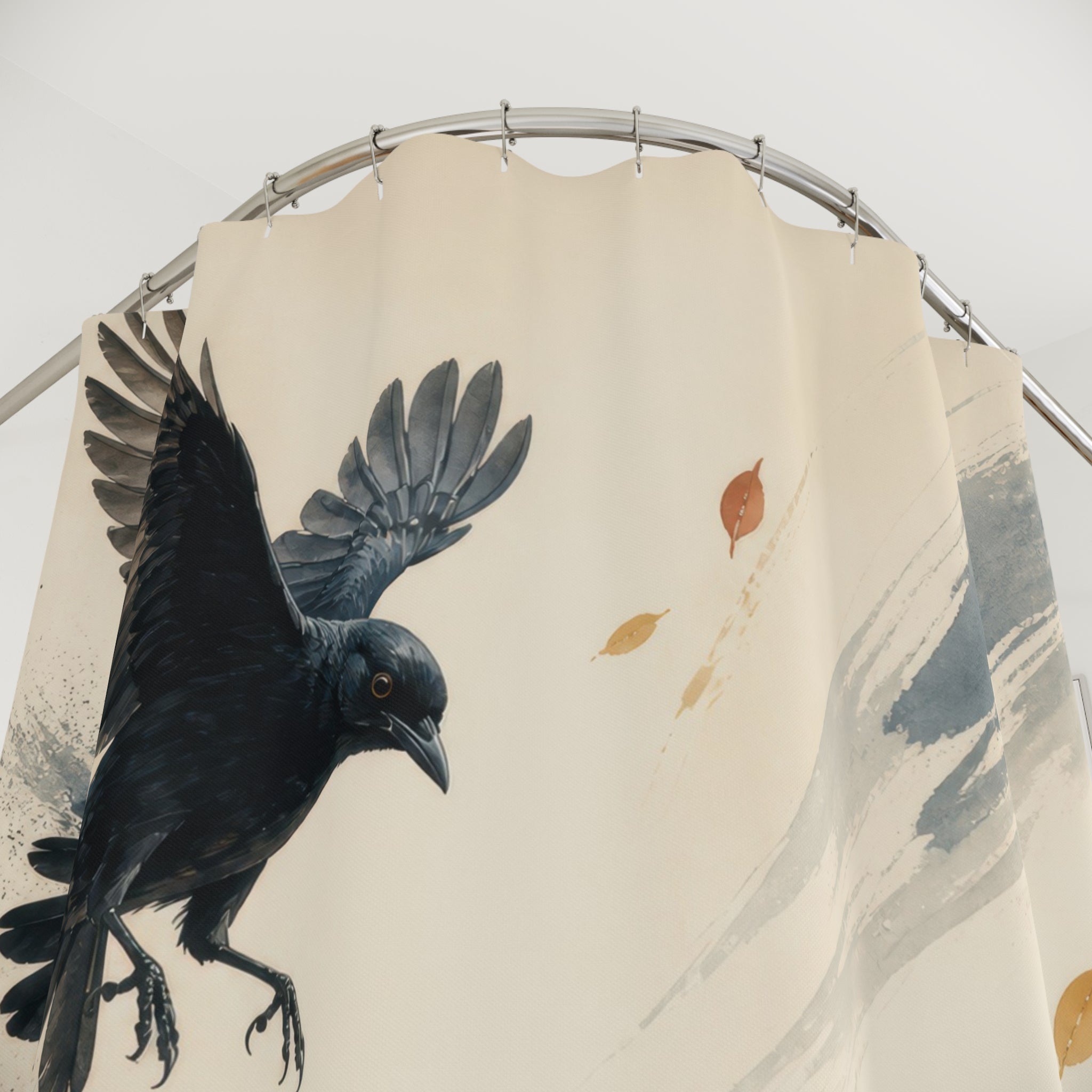 Two blackbirds in an airy peach and blue ink wash meadow shower curtain with close-up print, hooks, and folds
