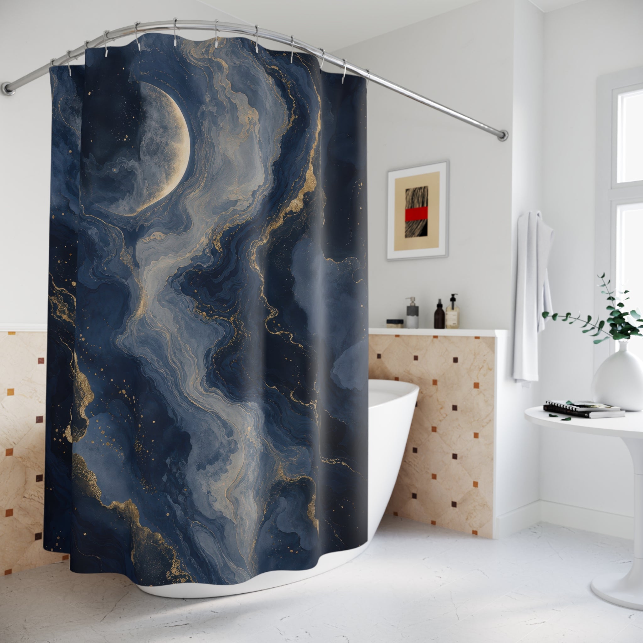 Navy Crescent Moon Marbled Shower Curtain