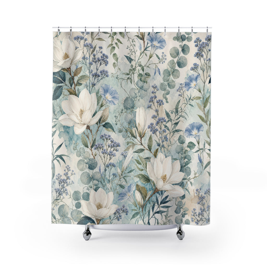 White Magnolia Floral Botanical Blue Vintage Shower Curtain