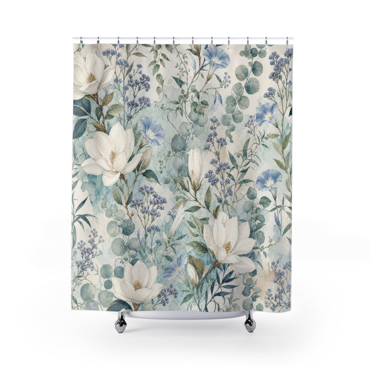 White Magnolia Floral Botanical Blue Vintage Shower Curtain