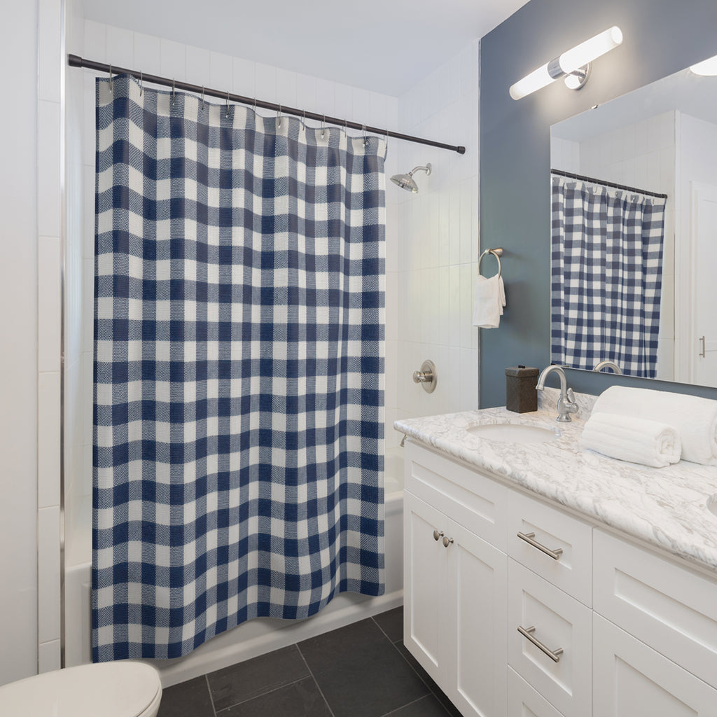 Navy Shower Curtain, Gingham Bath Decor, Blue White Checkered Pattern, Classic Farmhouse Guest Bathroom Decor, Navy Blue Gingham Style