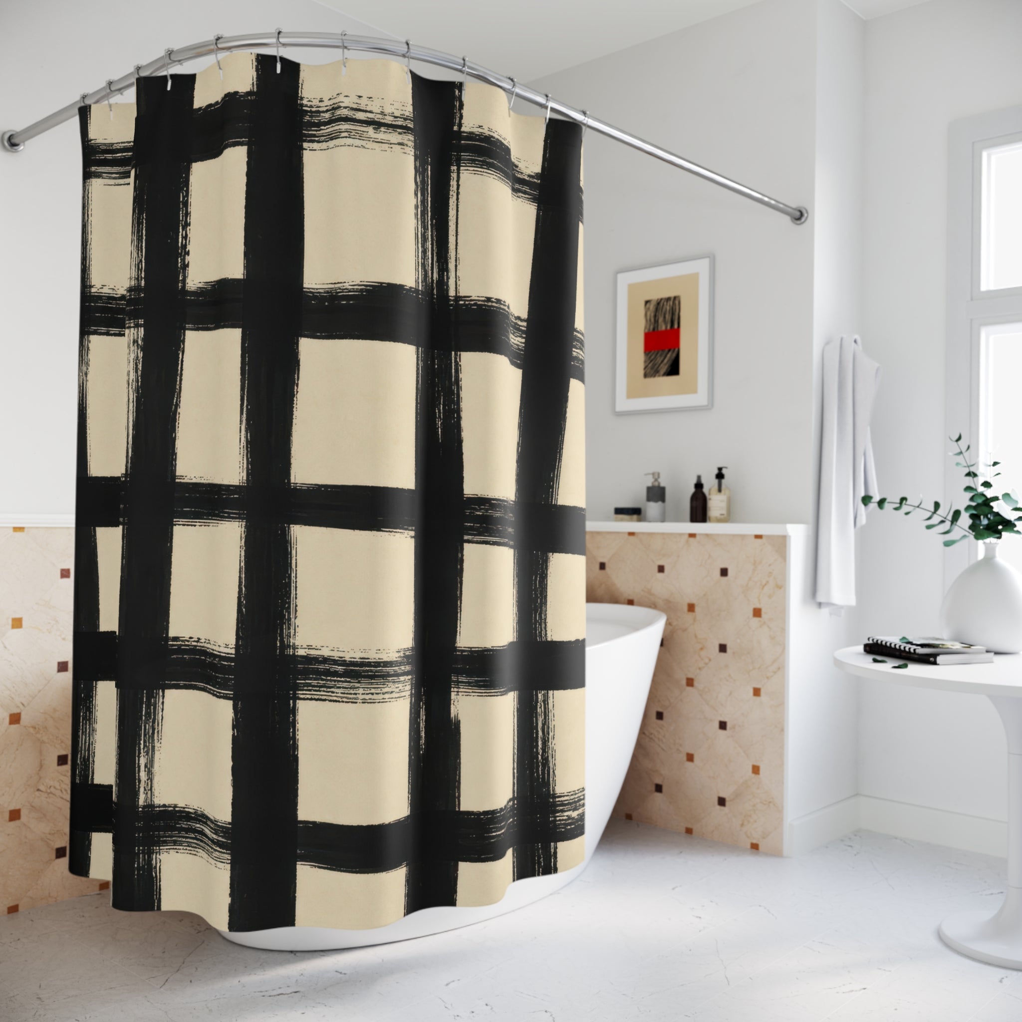 Black Cream Painted Grid Shower Curtain