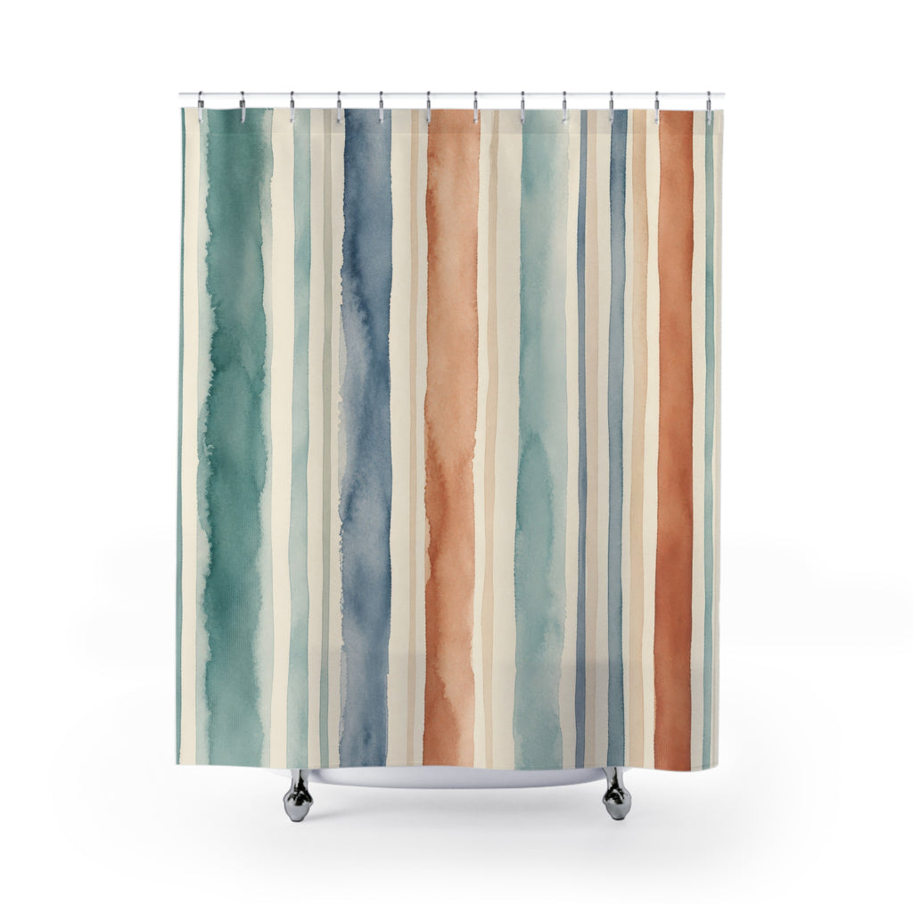 Teal Peach Vertical Stripe Shower Curtain