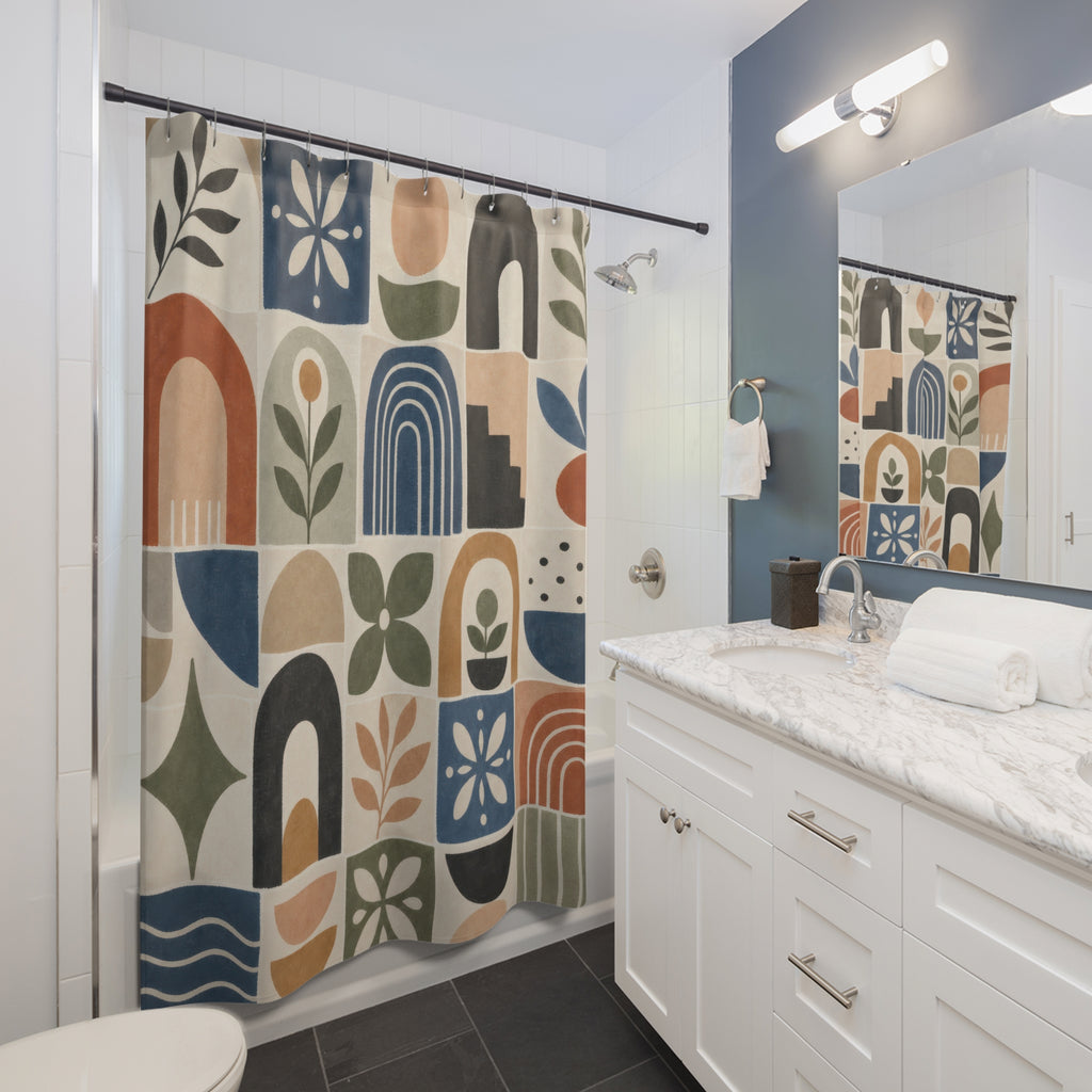 Mid Century Shower Curtain, Retro Arch Tile Pattern, Botanical Geometric Bath Decor, Blue Terracotta Green Modern Bathroom Art, Playful