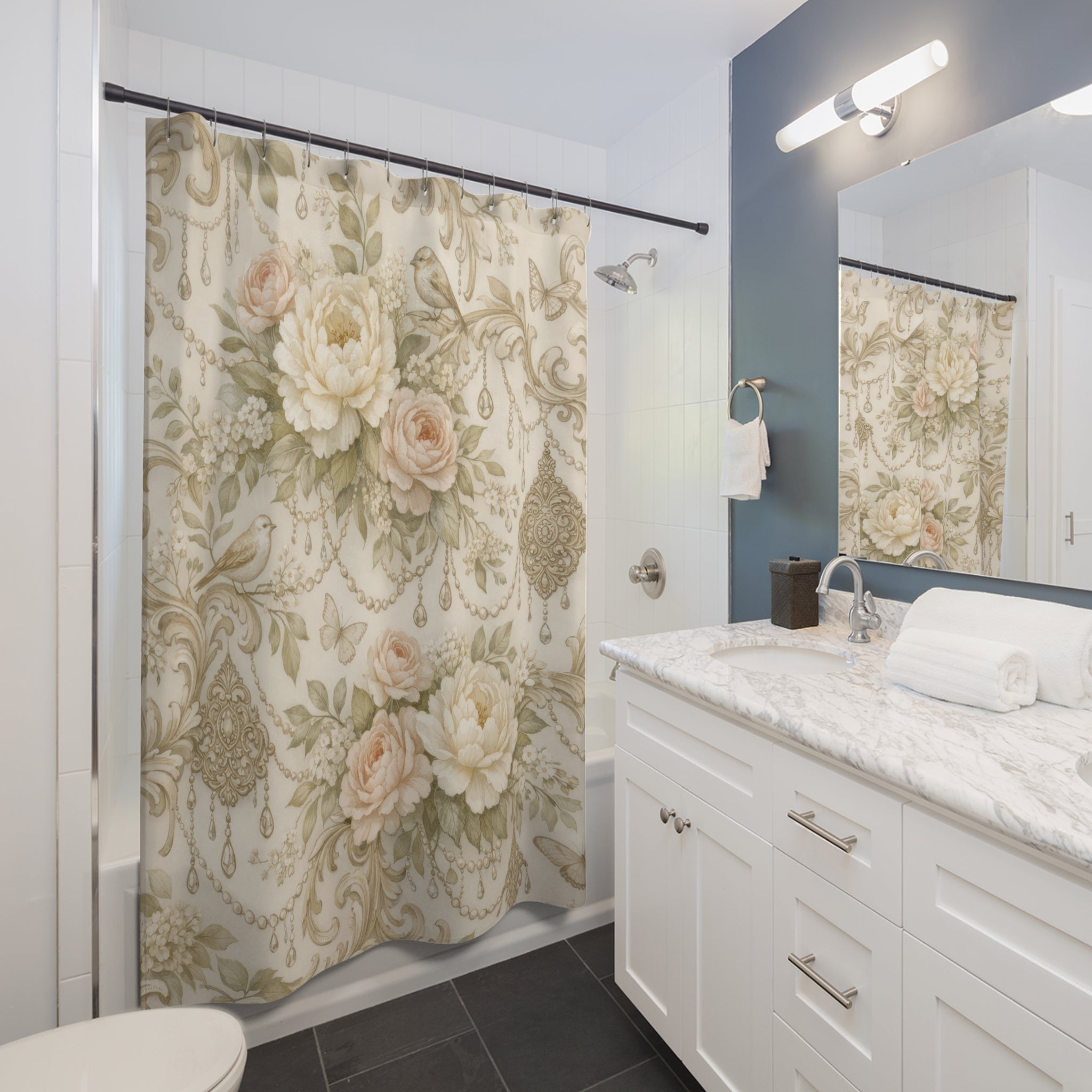 Elegant Floral Peony Shower Curtain – Blush Ivory