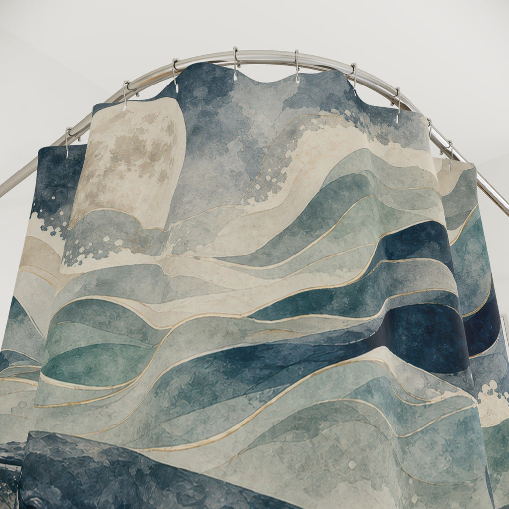 Whale Shower Curtain, Blue Watercolor Ocean Scene, Coastal Bathroom Decor, Nautical Guest Bath Sea Life Moonlit Style Art