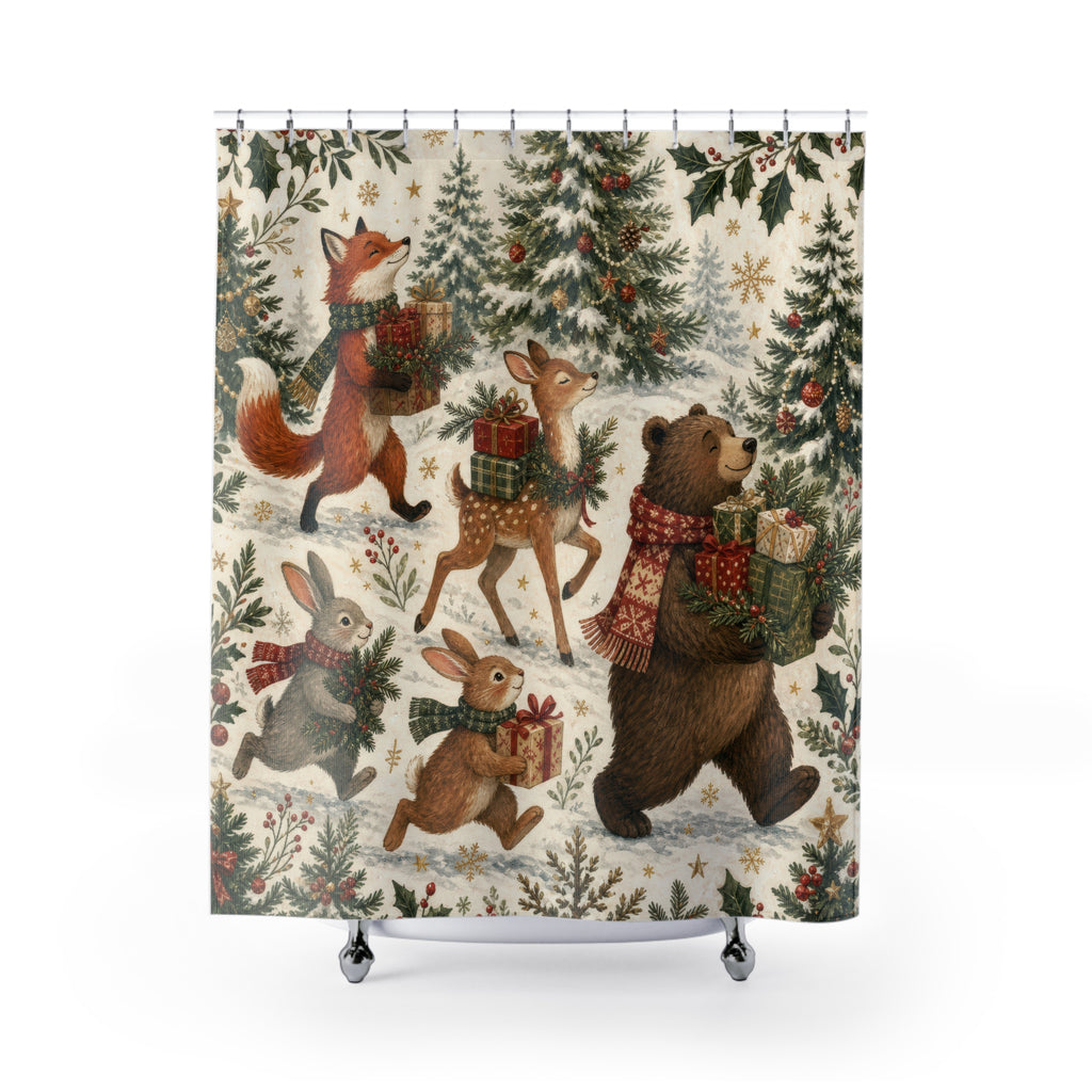 Woodland Animal Christmas Gift Parade Shower Curtain