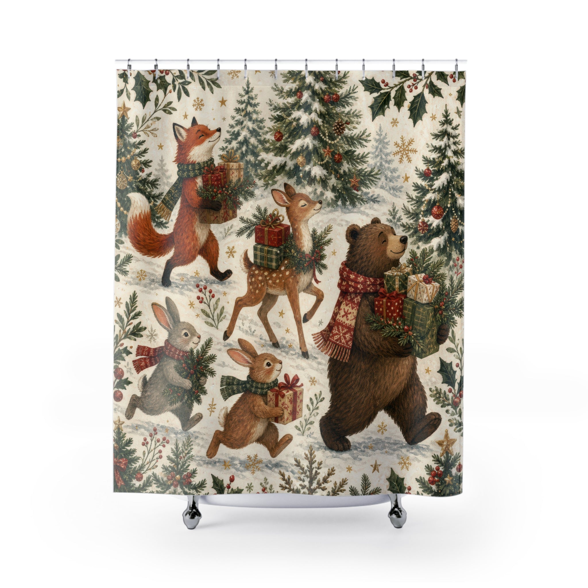 Woodland Animal Christmas Gift Parade Shower Curtain