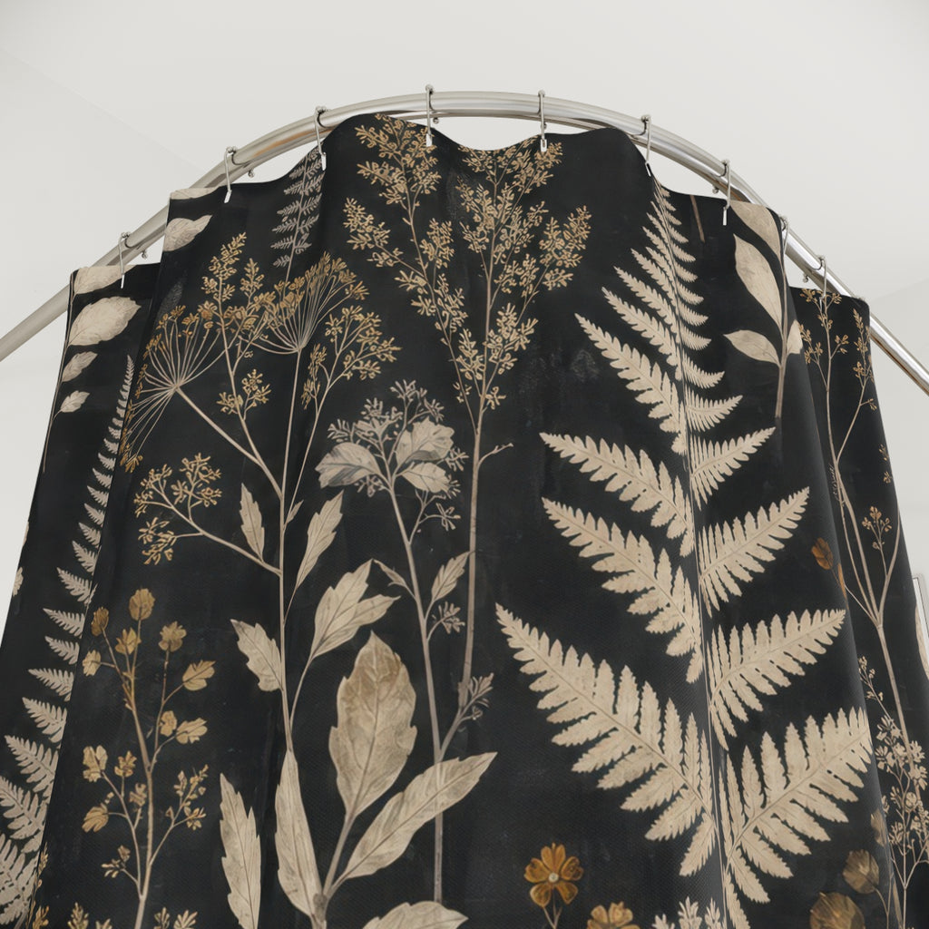 Black Floral Shower Curtain, Fern Botanical Pattern, Dark Moody Bathroom Decor, Elegant Dark Wall Decor Guest Bath Wall Gift For Home