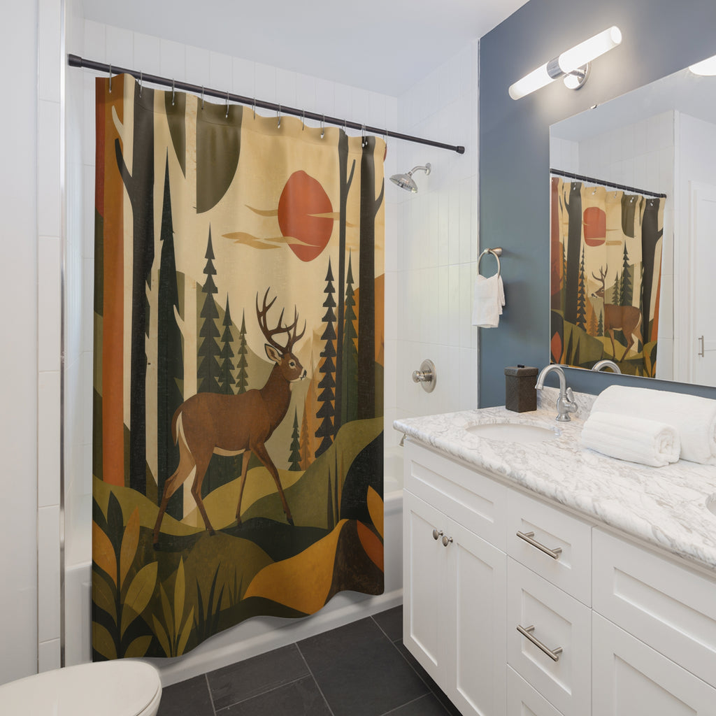 Mid century buck in a warm graphic woodland shower curtain beside a white vanity