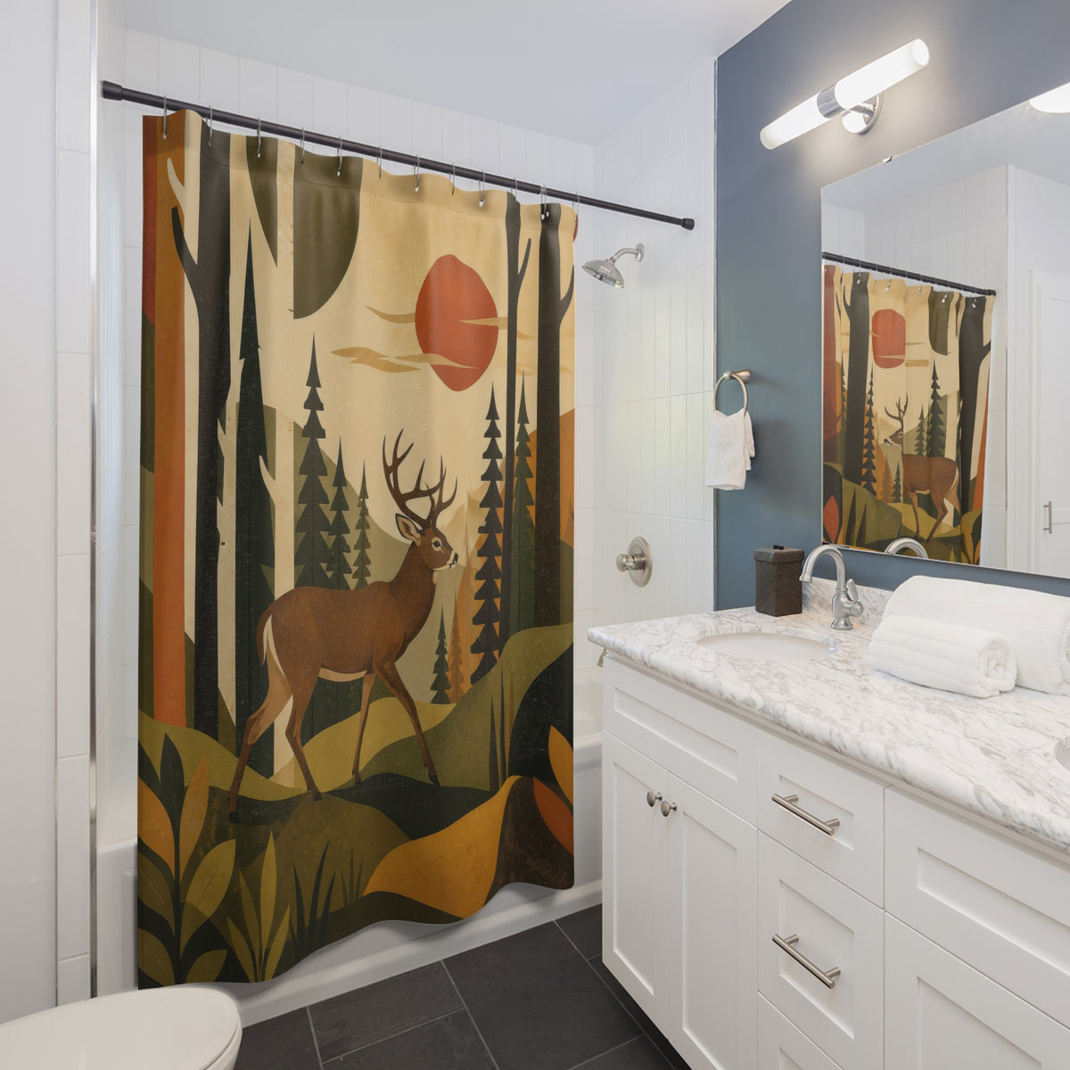 Mid century buck in a warm graphic woodland shower curtain beside a white vanity