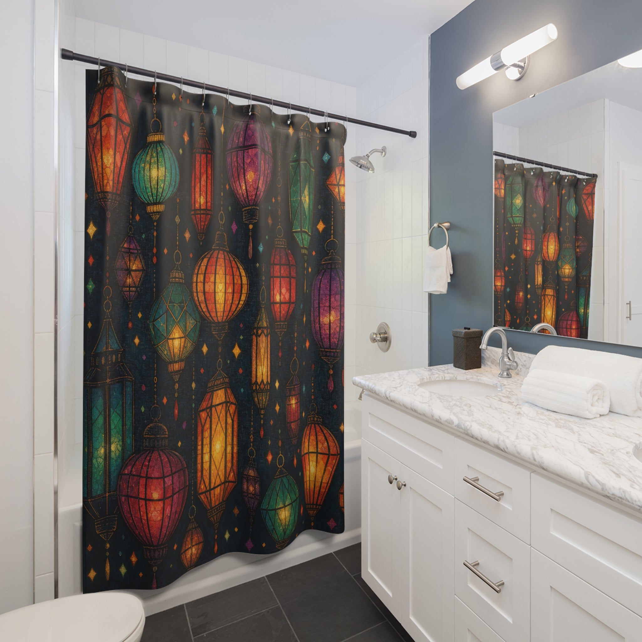 Jewel Tone Glowing Lantern Boho Shower Curtain