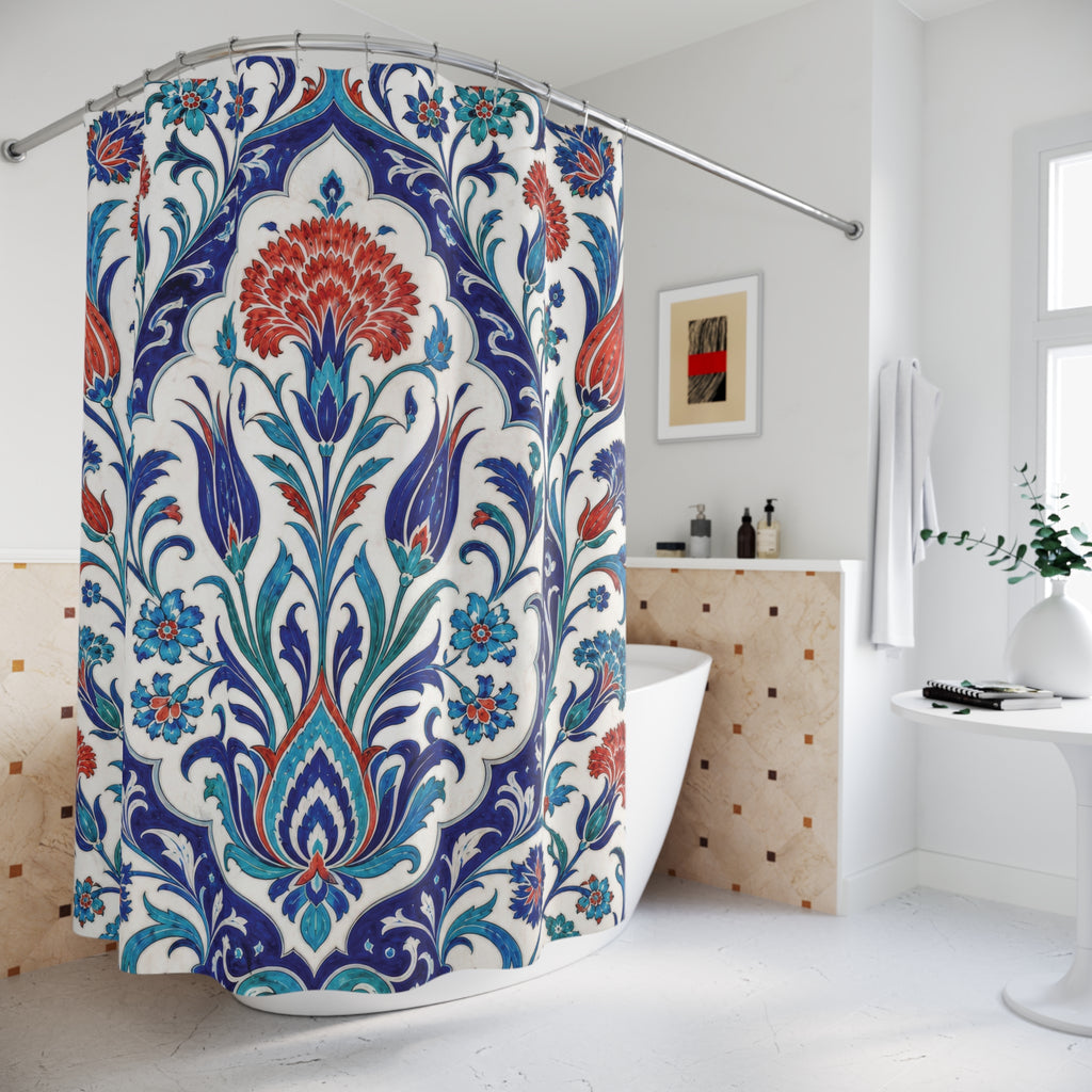 Turkish Shower Curtain: Blue Red Floral Tile