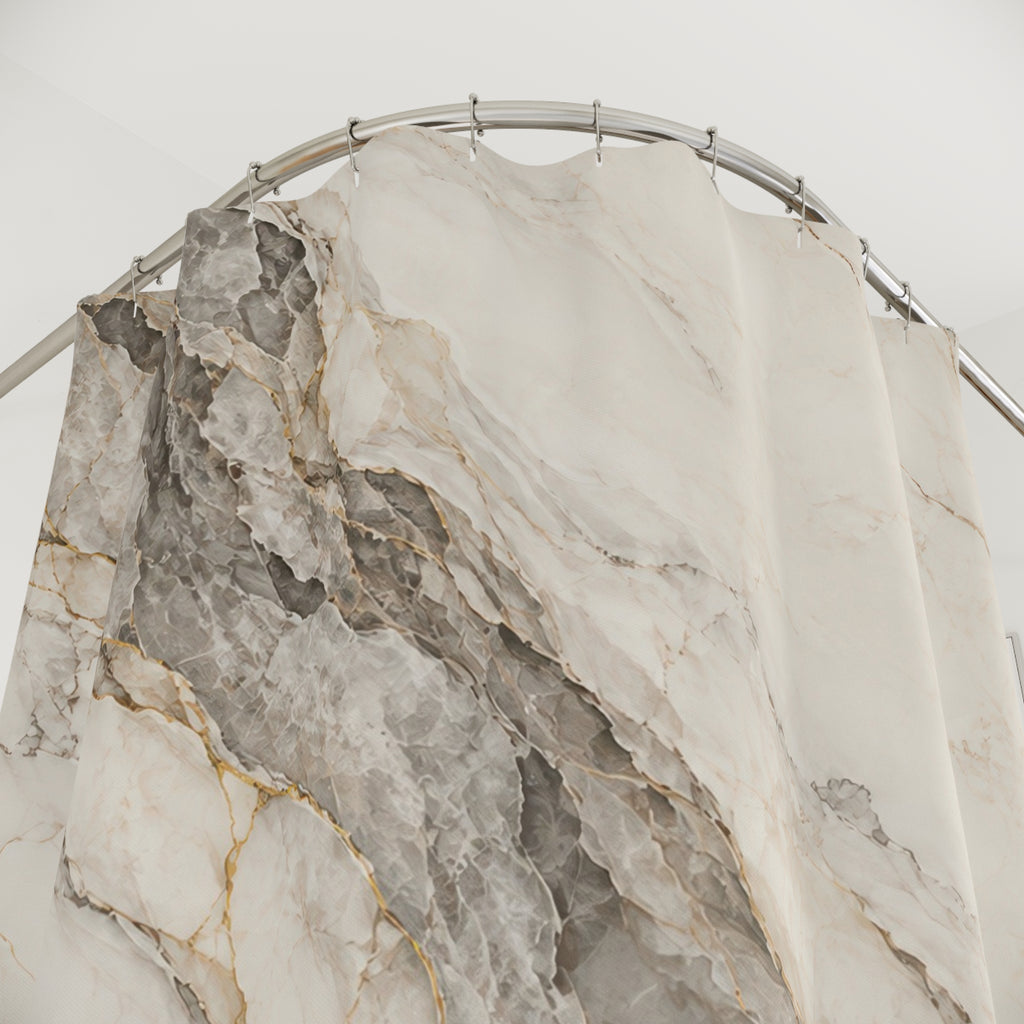 Gray and gold-tone marble veins across warm ivory shower curtain with close-up print, hooks, and folds