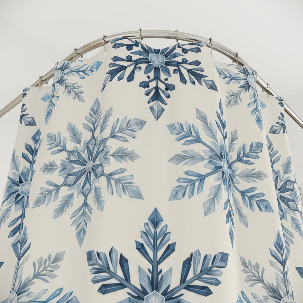 Blue ivory snowflake rosettes shower curtain with close-up print, hooks, and folds