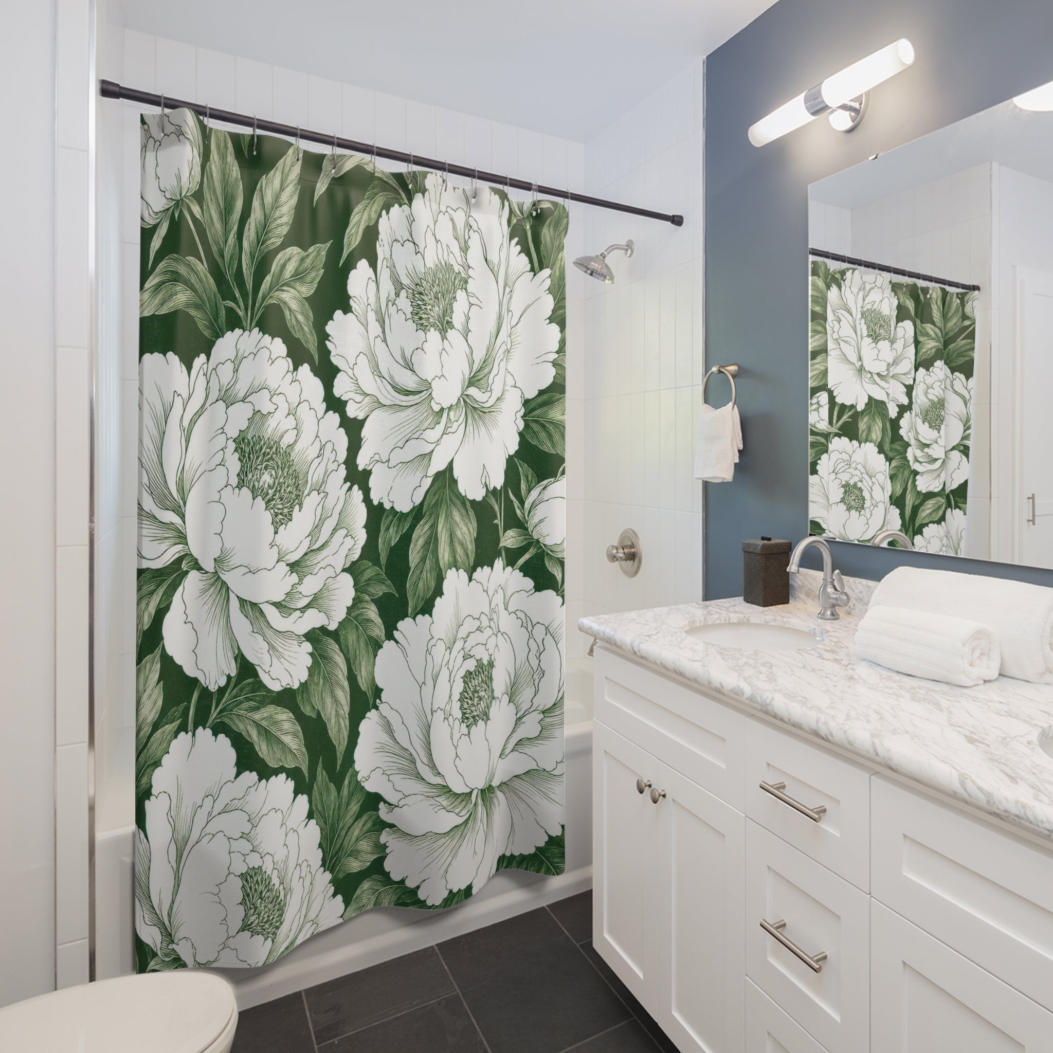 Green White Peony Botanical Shower Curtain