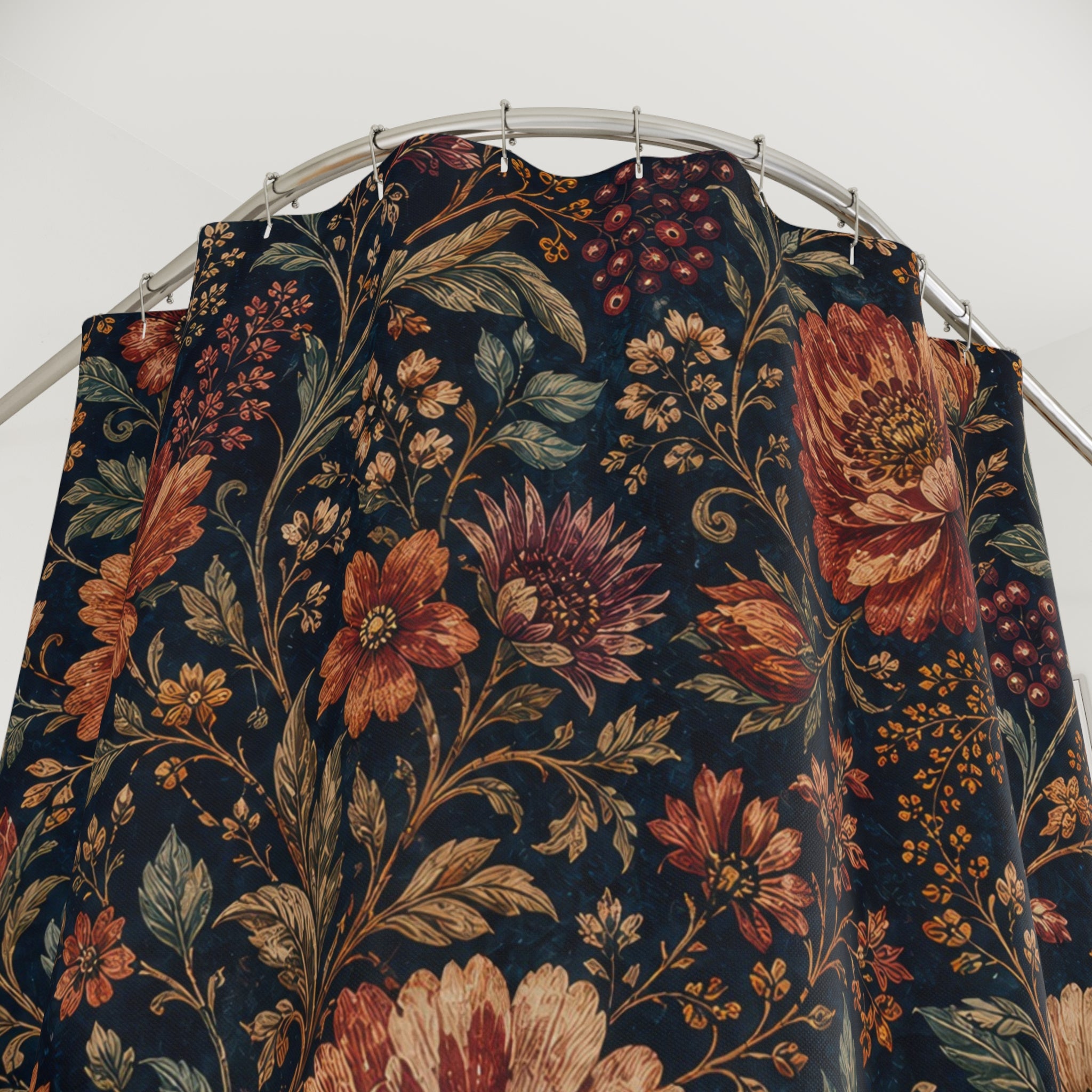 Navy Boho Botanical Dark Floral Shower Curtain