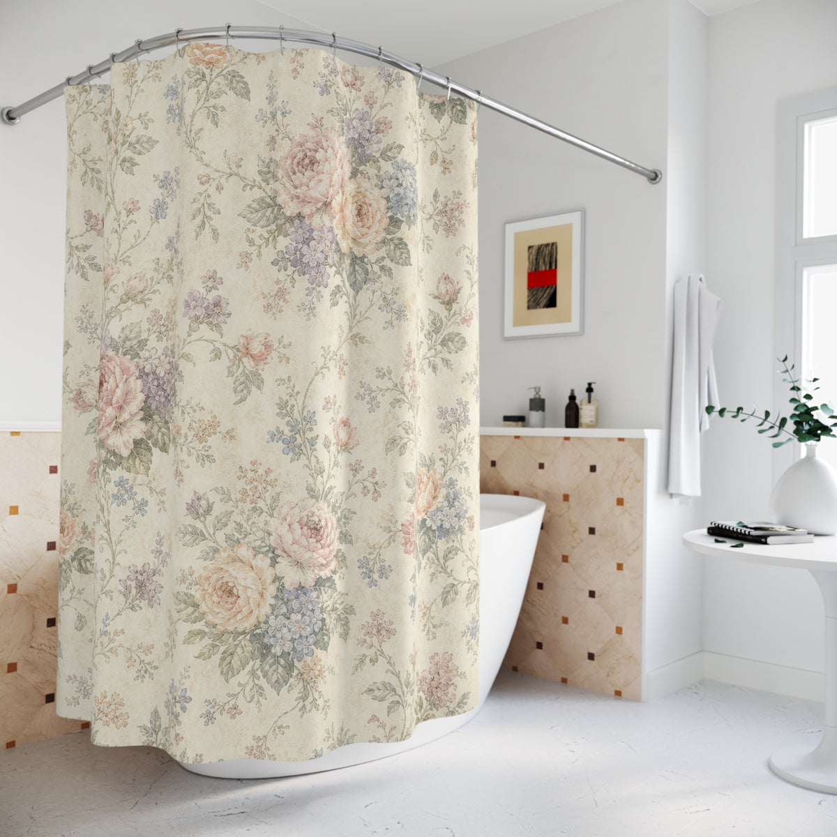 Pink Blue Floral Rose Vintage Botanical shower curtain beside a freestanding tub