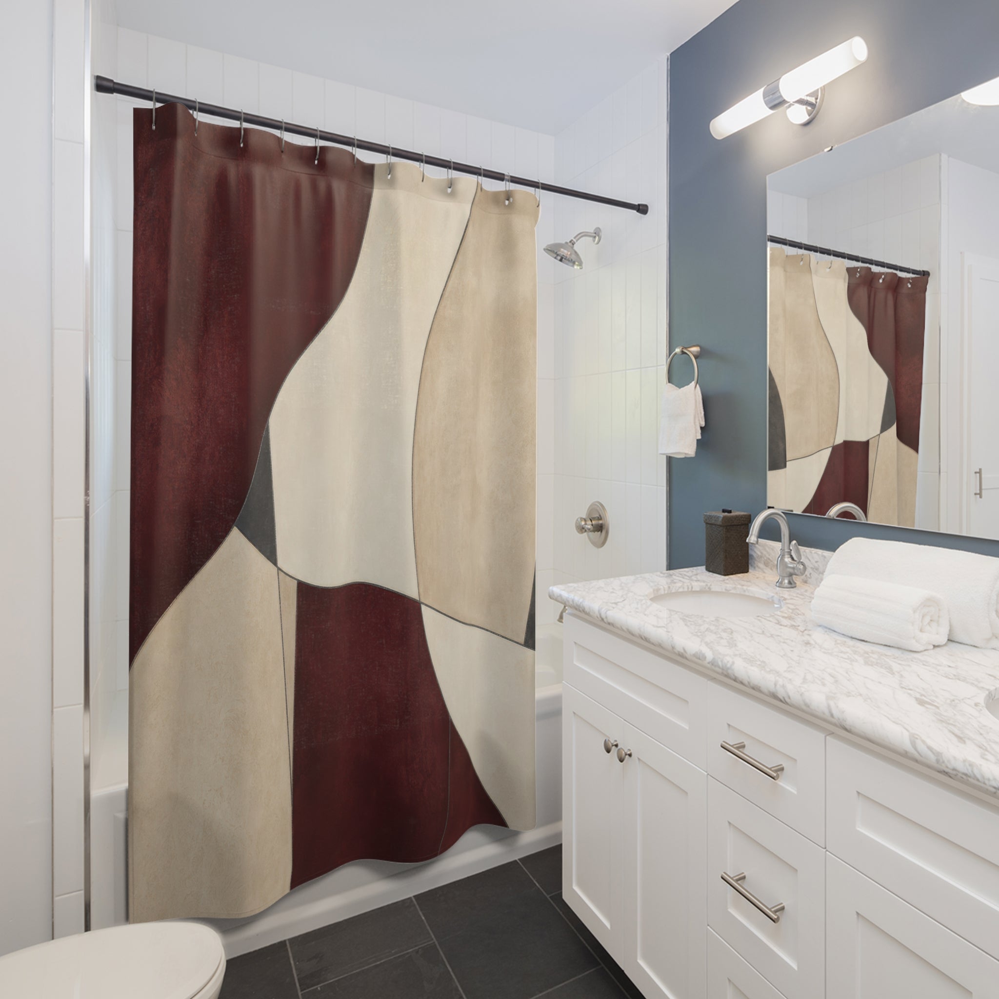 Burgundy Abstract Red and White Shower Curtain