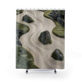 Sage and cream rake terraces curving around mossy stones shower curtain with full front view