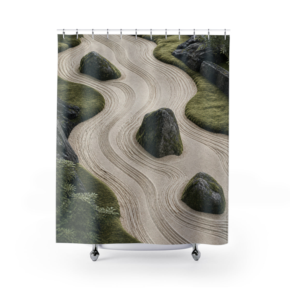 Sage and cream rake terraces curving around mossy stones shower curtain with full front view