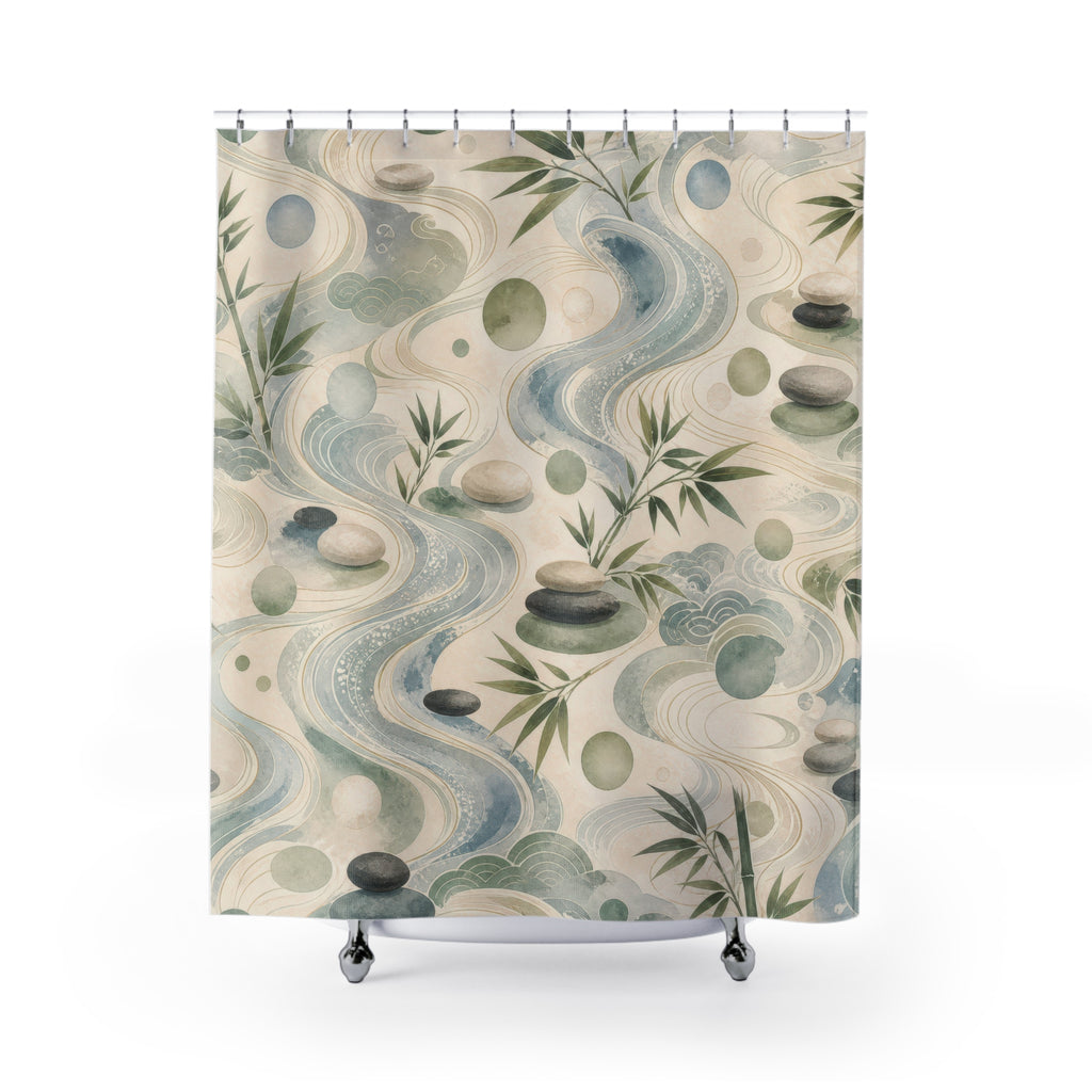 Feng Shui Shower Curtain, Jade Green Water Bamboo Bath Decor, Pebble Pattern, Zen Nature Inspired Guest Bathroom Spa Decor, Calm Spa Style