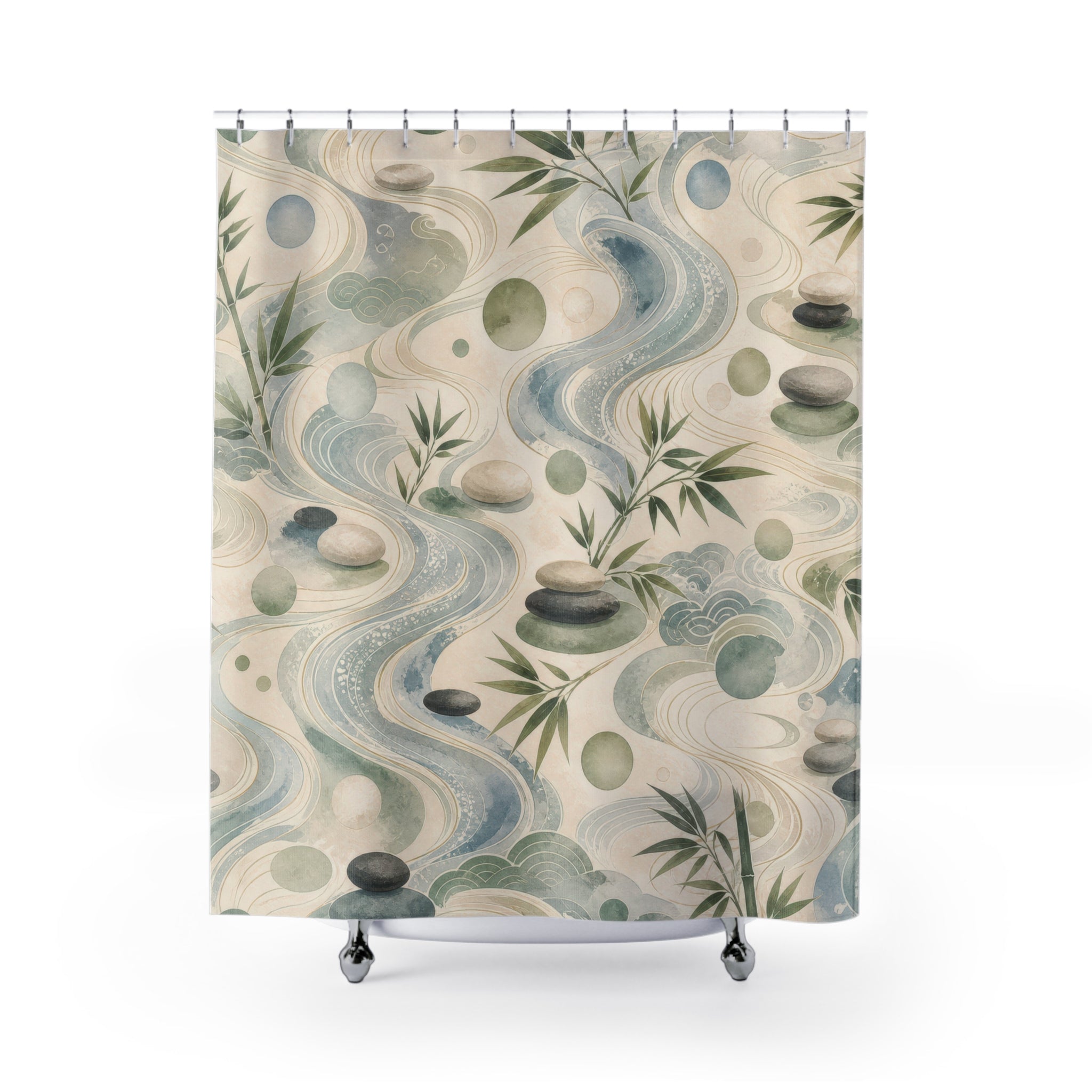 Feng Shui Shower Curtain, Jade Green Water Bamboo Bath Decor, Pebble Pattern, Zen Nature Inspired Guest Bathroom Spa Decor, Calm Spa Style