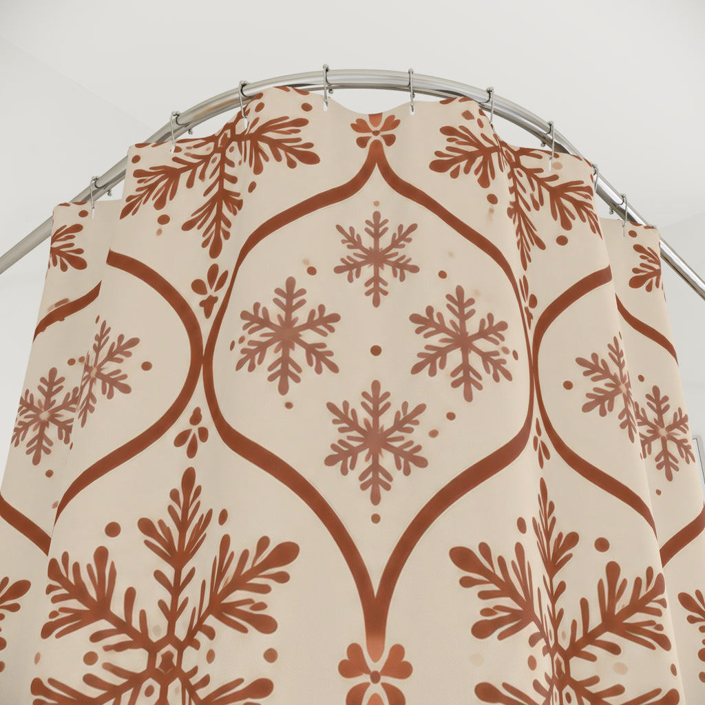 Cinnamon rust snowflakes in an ogee trellis on cream shower curtain with close-up print, hooks, and folds