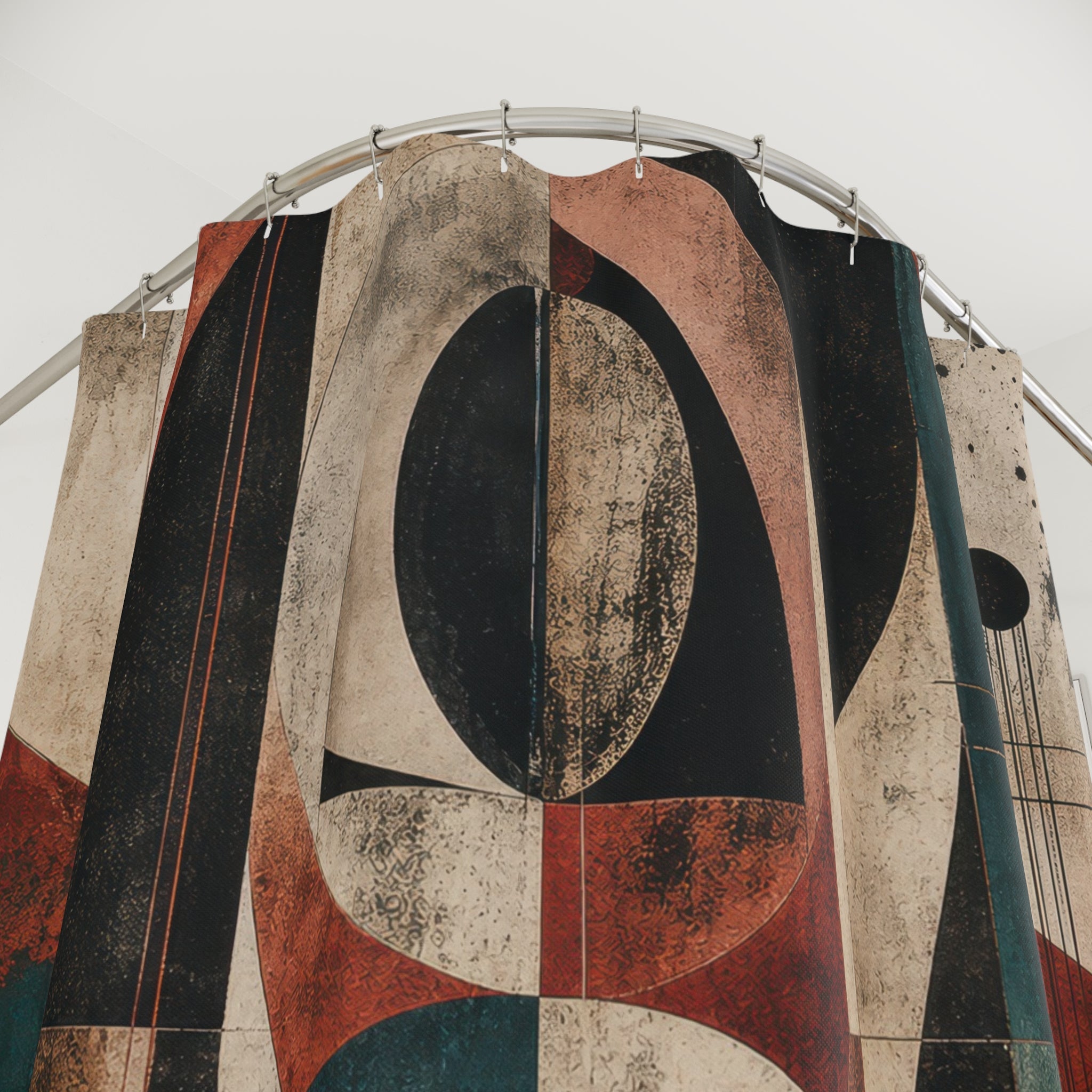 Geometric Shower Curtain, Art Deco Inspired Abstract Face, Rust Teal Black Bathroom Decor, Modern Graphic Bath Art, Boho Guest Bath