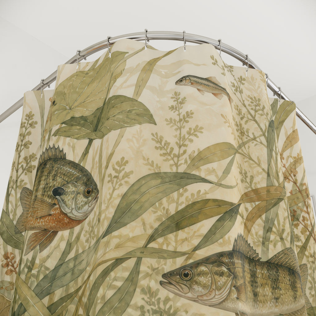 Vintage freshwater fish among sage river grasses and lily leaves shower curtain with close-up print, hooks, and folds