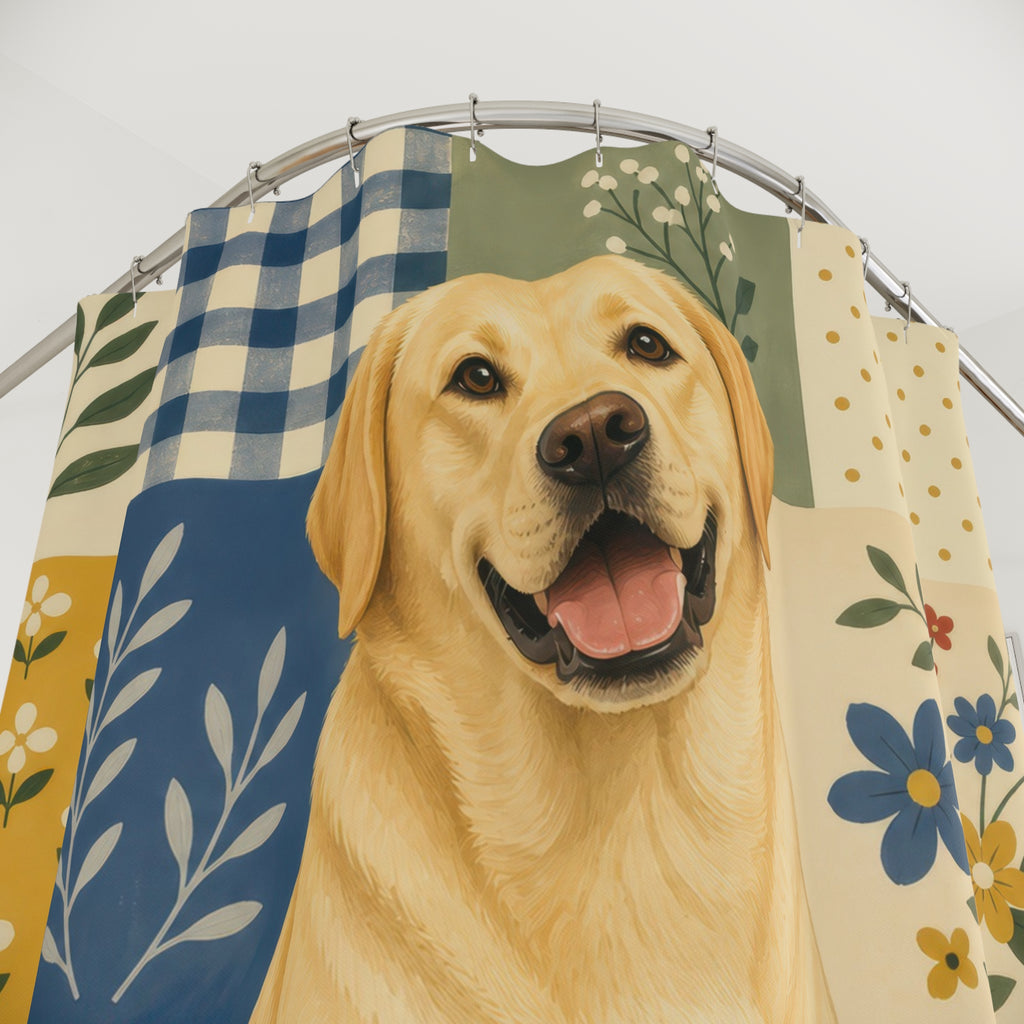 Smiling yellow Labrador over folk floral color blocks shower curtain with close-up print, hooks, and folds