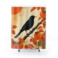 Blackbird perched among orange persimmons and autumn leaves shower curtain with full front view